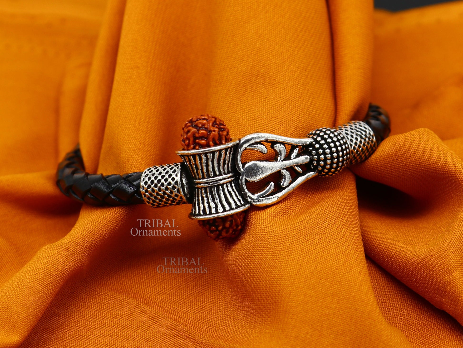 925 sterling silver customized trident design lord Shiva rudraksha bracelet, leather belt trident shiva bracelet best gift for him Rnsbr600 - TRIBAL ORNAMENTS