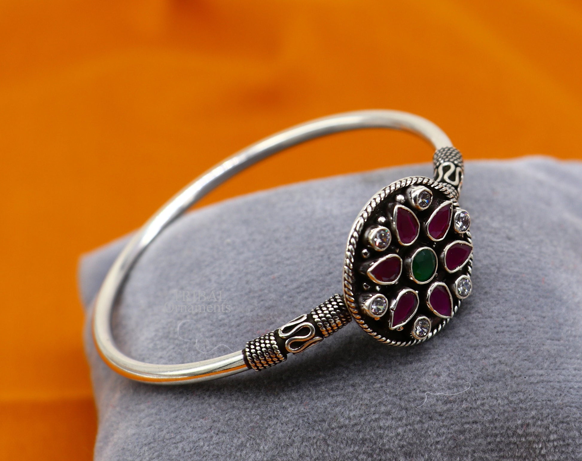 925 sterling silver fabulous red and green cut stone handmade bangle bracelet cuff kada customized personalized women's jewelry hnssk719 - TRIBAL ORNAMENTS