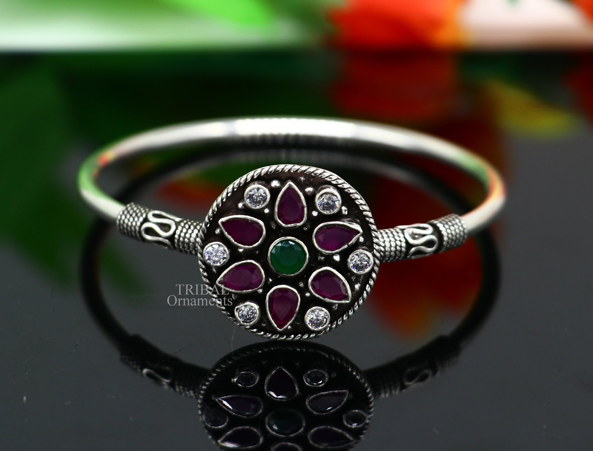 925 sterling silver fabulous red and green cut stone handmade bangle bracelet cuff kada customized personalized women's jewelry hnssk719 - TRIBAL ORNAMENTS