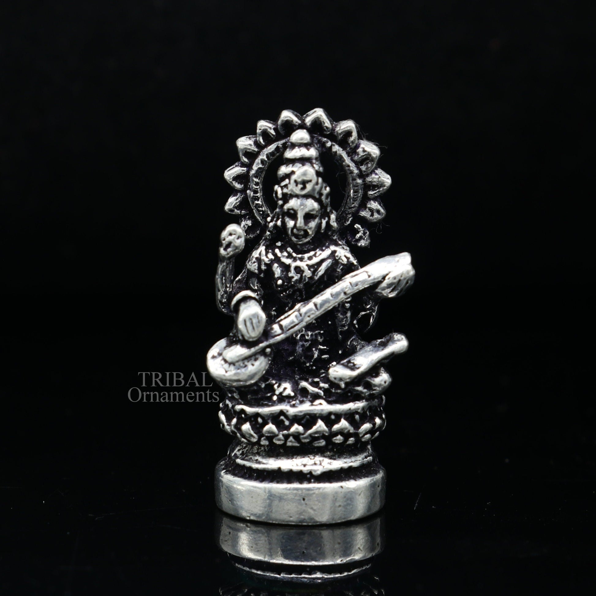 Divine goddess Sarashwati small 925 sterling silver solid article statue figurine, best home temple or car god sculpture  art514 - TRIBAL ORNAMENTS