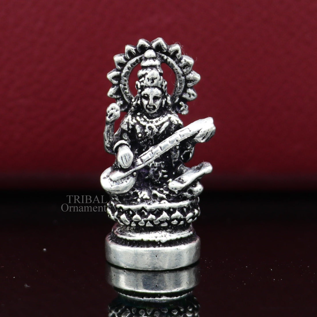 Divine goddess Sarashwati small 925 sterling silver solid article statue figurine, best home temple or car god sculpture  art514 - TRIBAL ORNAMENTS