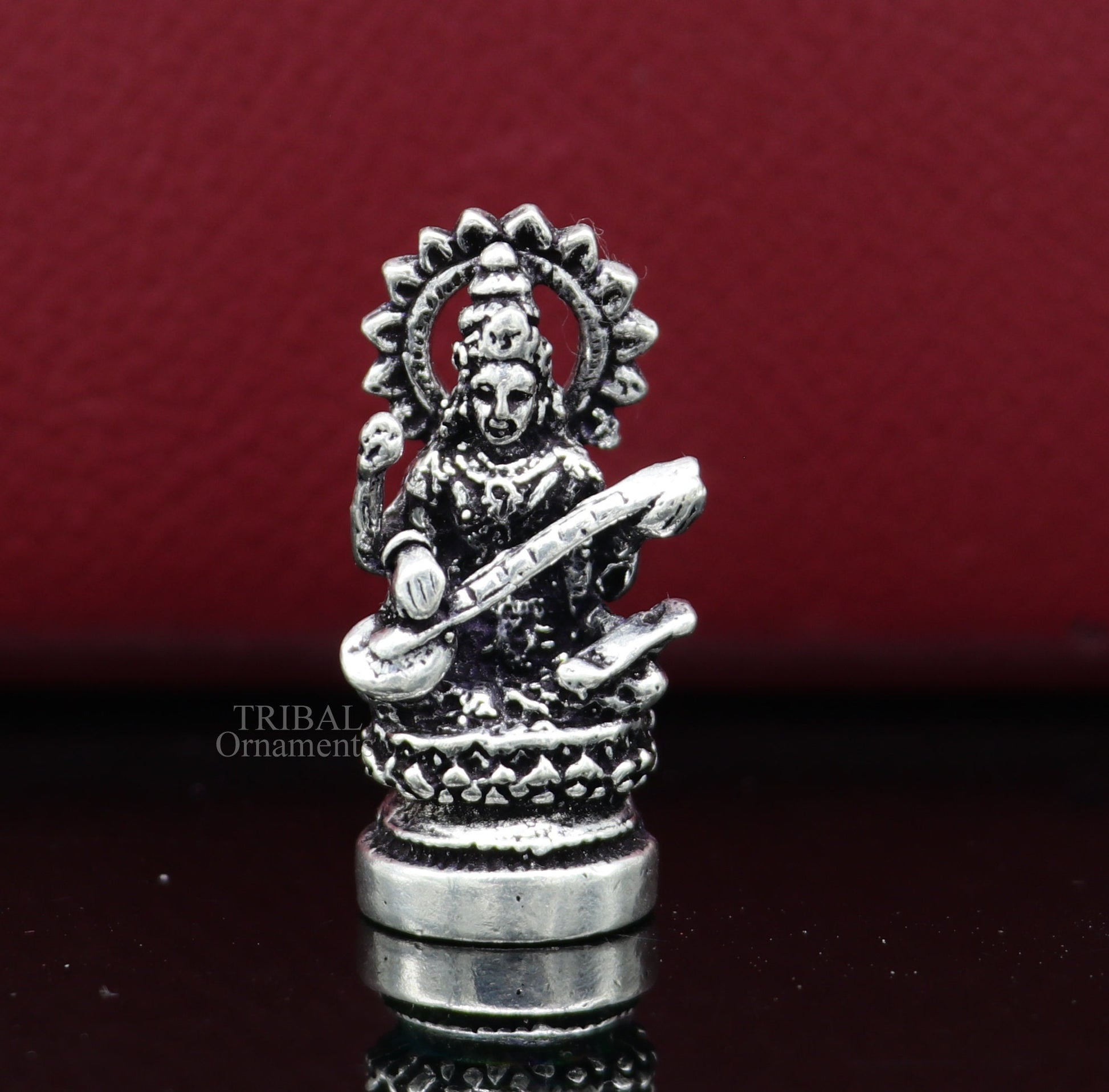 Divine goddess Sarashwati small 925 sterling silver solid article statue figurine, best home temple or car god sculpture  art514 - TRIBAL ORNAMENTS