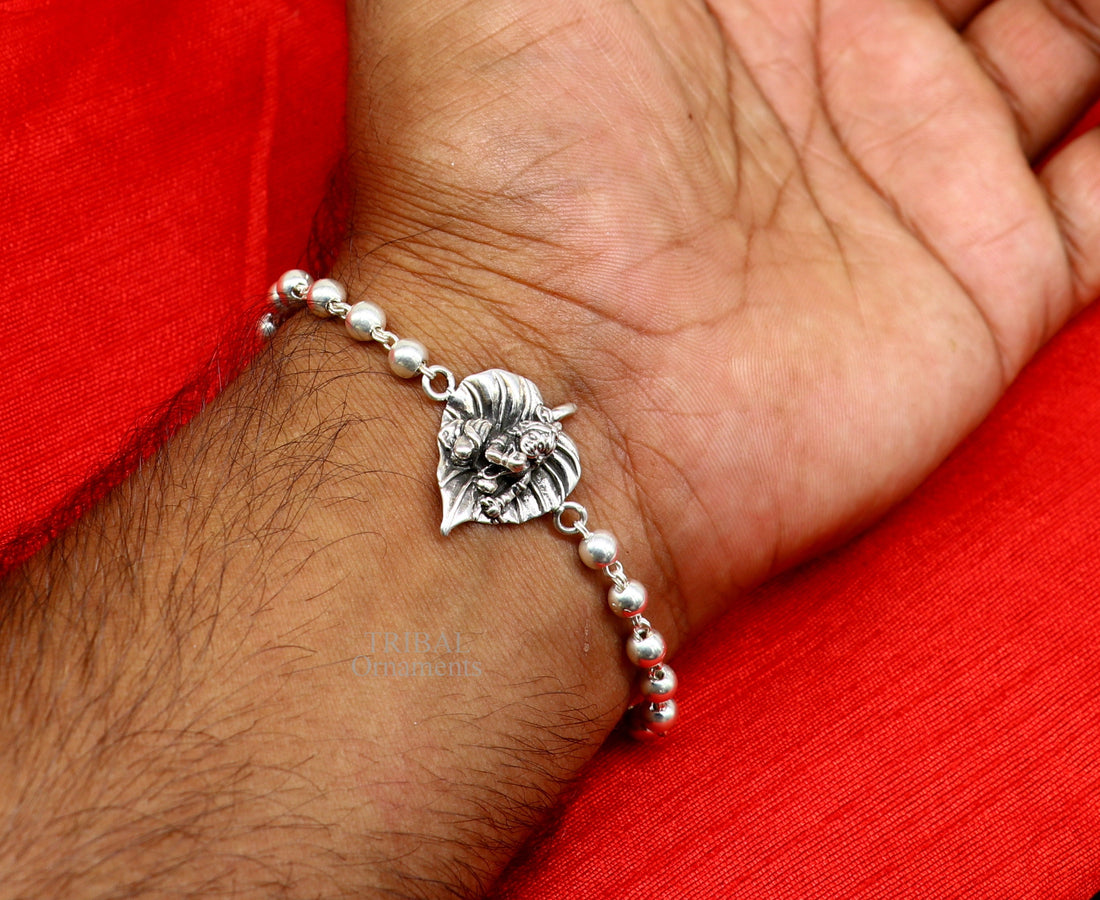 925 sterling silver handmade little krishna laddu gopala Designt rakhi bracelet, with amazing rudraksha,Tulsi beaded bracelet rk181 - TRIBAL ORNAMENTS