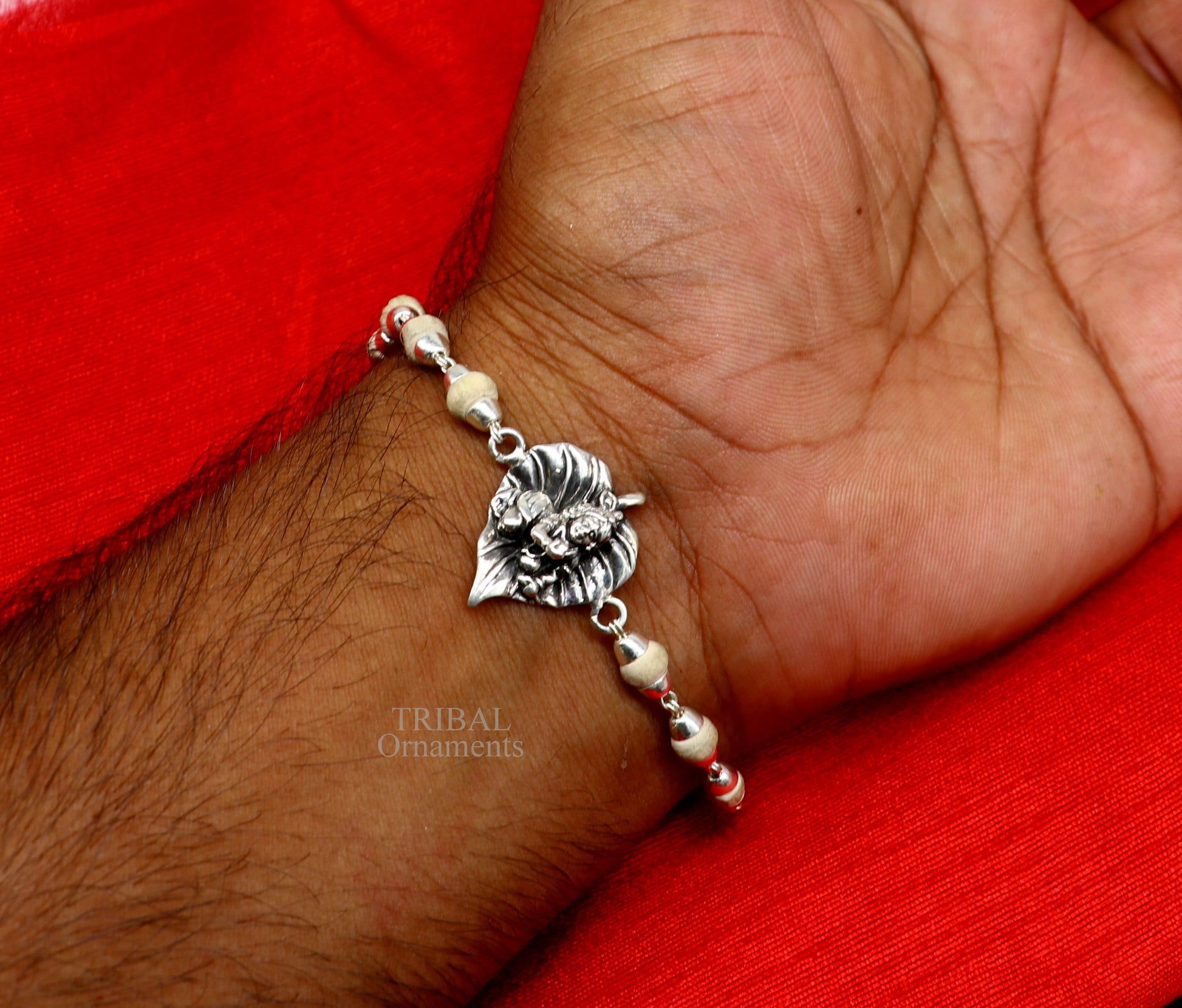 925 sterling silver handmade little krishna laddu gopala Designt rakhi bracelet, with amazing rudraksha,Tulsi beaded bracelet rk181 - TRIBAL ORNAMENTS