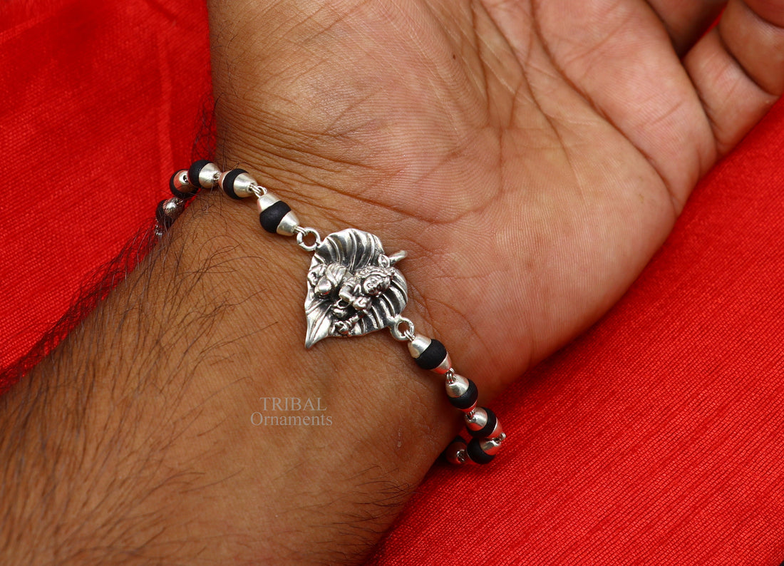 925 sterling silver handmade little krishna laddu gopala Designt rakhi bracelet, with amazing rudraksha,Tulsi beaded bracelet rk181 - TRIBAL ORNAMENTS