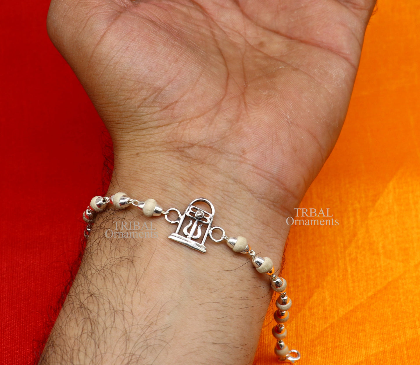 Best Rakhi 925 sterling silver handmade lord Shiva lingam design Rakhi bracelet, with amazing Rudraksha, Tulsi beaded bracelet rk183 - TRIBAL ORNAMENTS