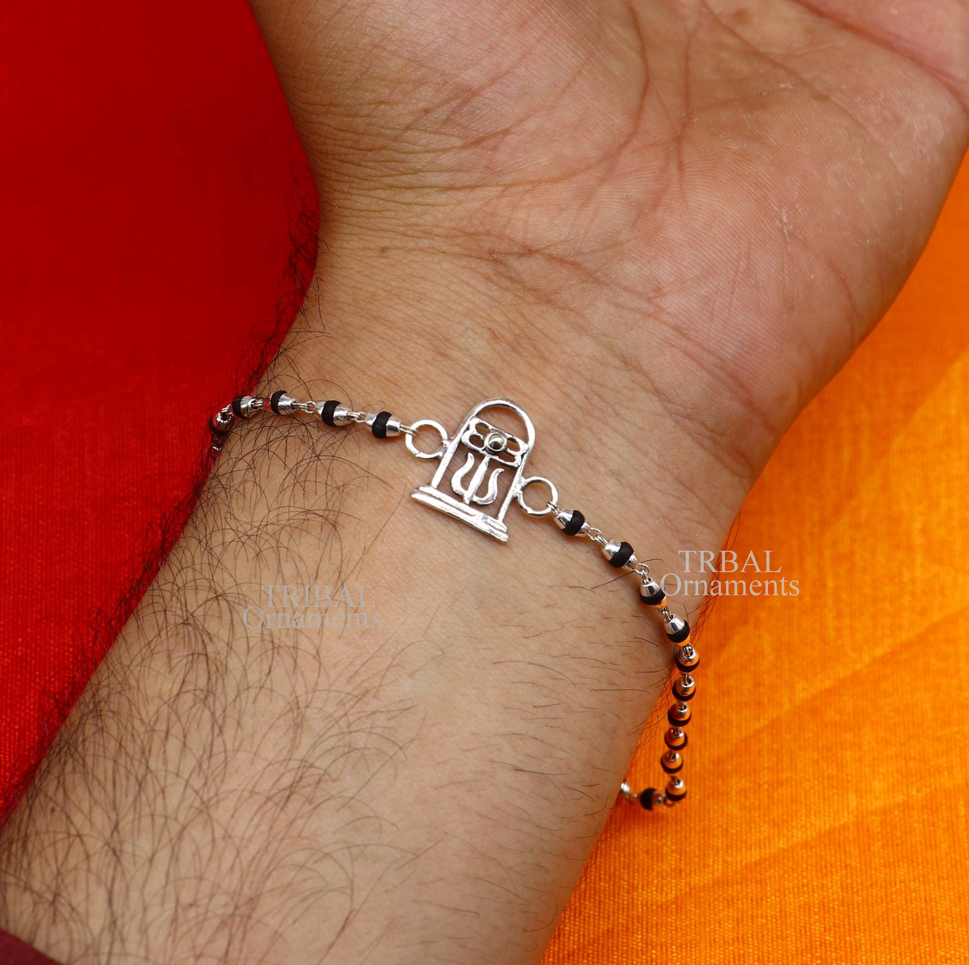 Best Rakhi 925 sterling silver handmade lord Shiva lingam design Rakhi bracelet, with amazing Rudraksha, Tulsi beaded bracelet rk183 - TRIBAL ORNAMENTS