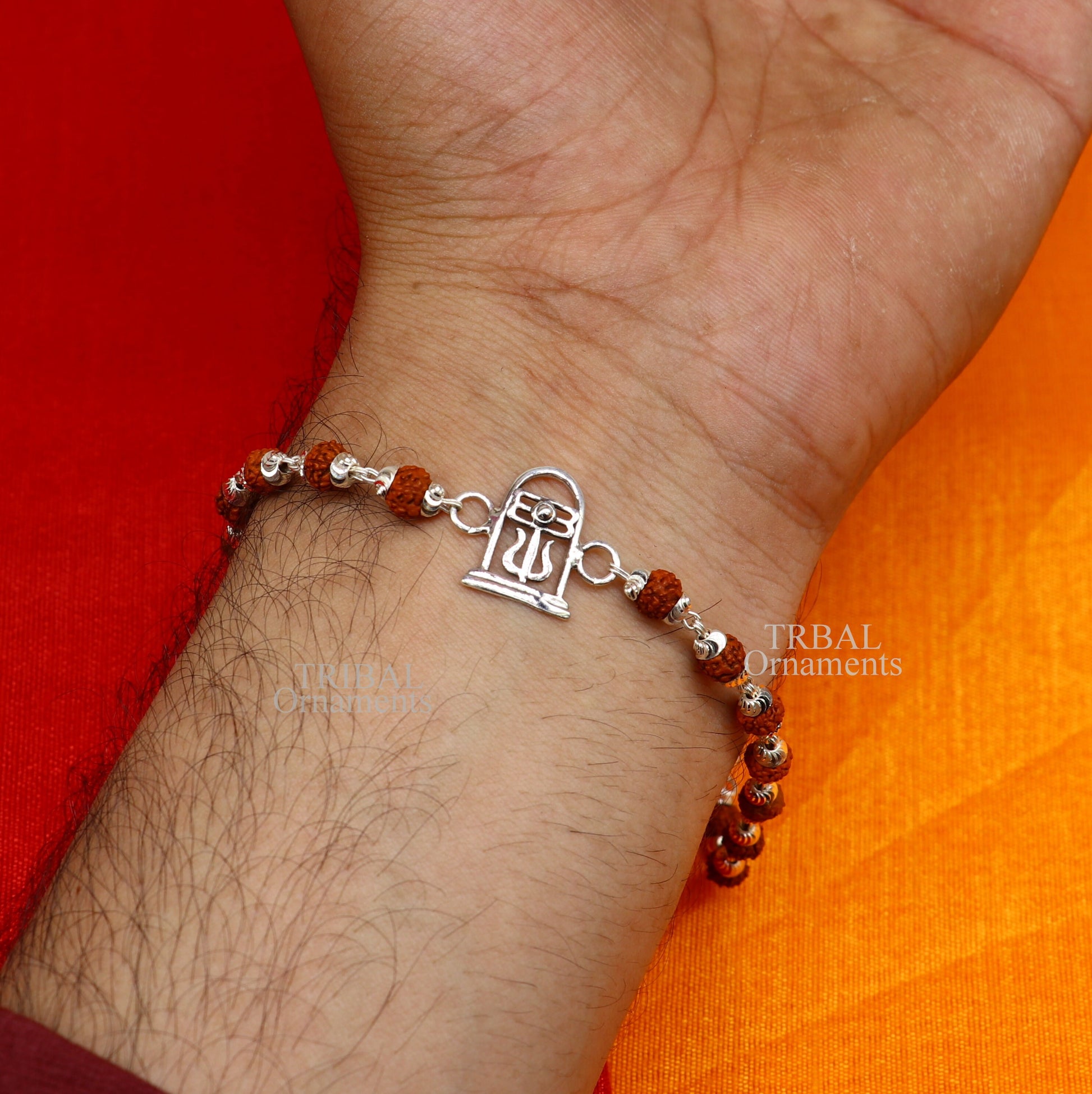 Best Rakhi 925 sterling silver handmade lord Shiva lingam design Rakhi bracelet, with amazing Rudraksha, Tulsi beaded bracelet rk183 - TRIBAL ORNAMENTS