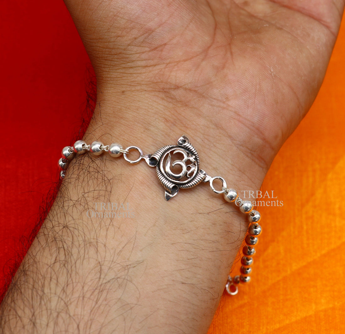 Divine Aum OM Rakhi 925 sterling silver handmade stylish gorgeous Rakhi bracelet, amazing Rudraksha, Tulsi beaded bracelet Rakhi rk186 - TRIBAL ORNAMENTS