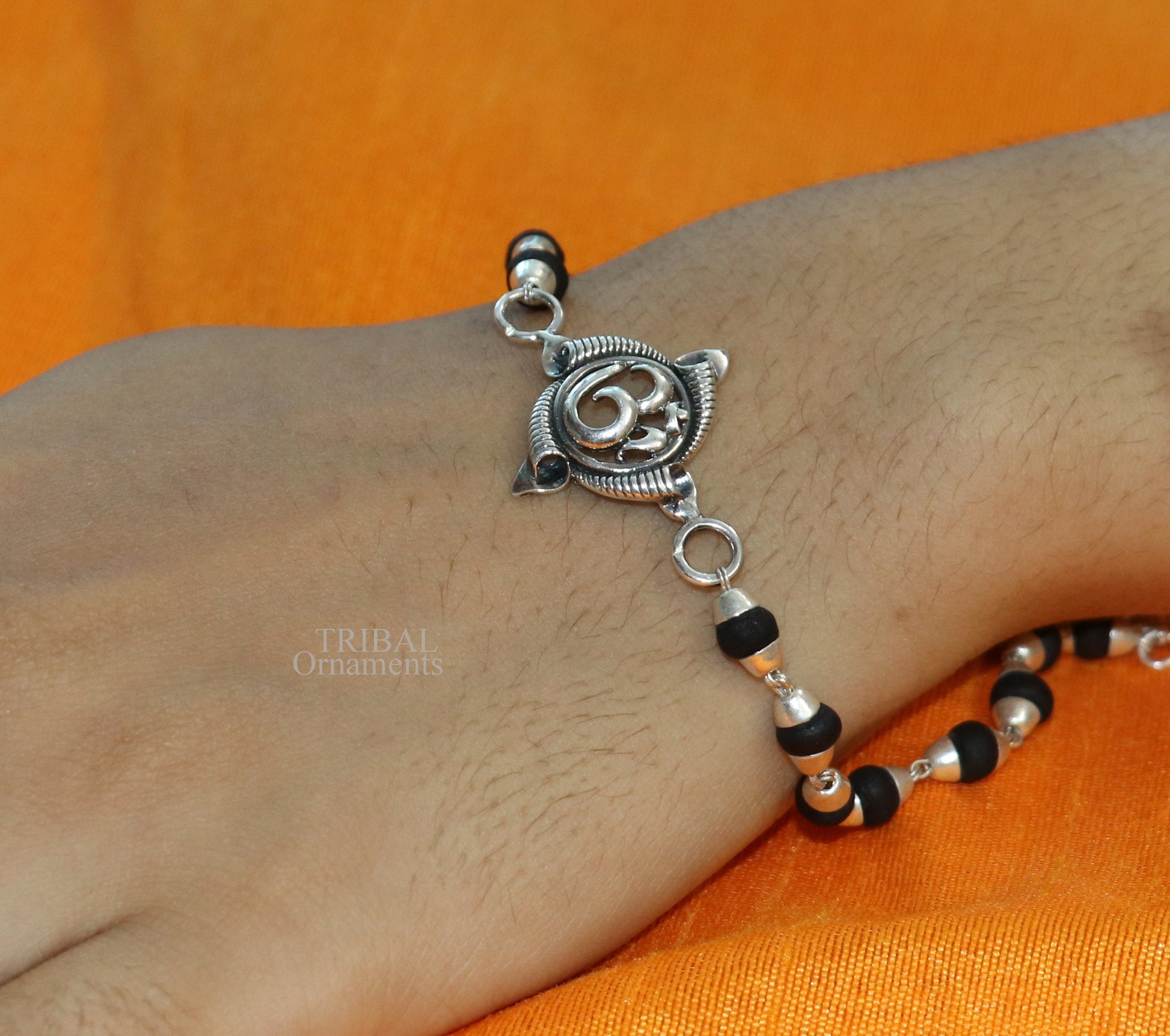 Divine Aum OM Rakhi 925 sterling silver handmade stylish gorgeous Rakhi bracelet, amazing Rudraksha, Tulsi beaded bracelet Rakhi rk186 - TRIBAL ORNAMENTS