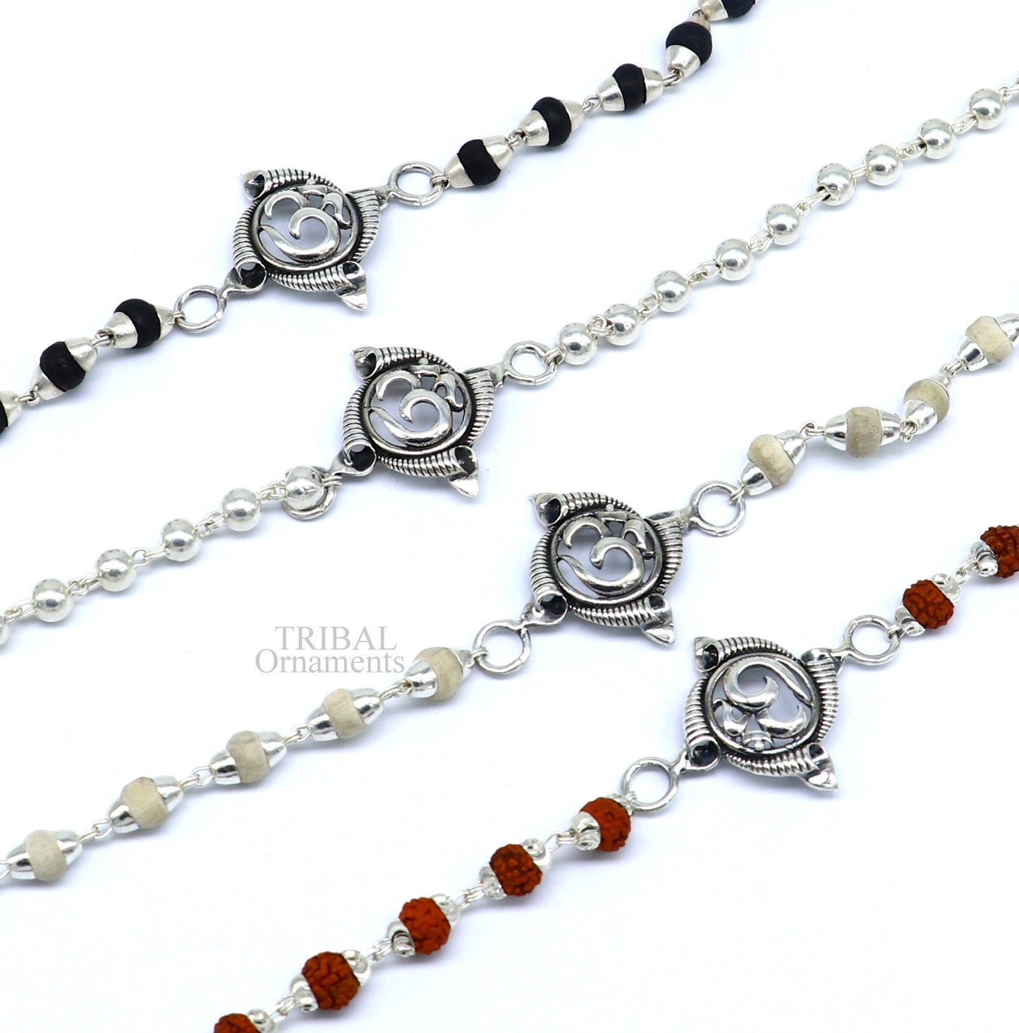 Divine Aum OM Rakhi 925 sterling silver handmade stylish gorgeous Rakhi bracelet, amazing Rudraksha, Tulsi beaded bracelet Rakhi rk186 - TRIBAL ORNAMENTS