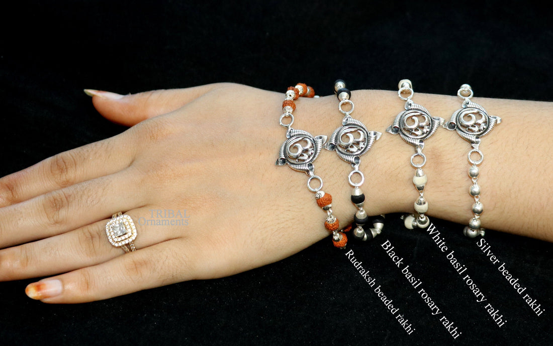 Divine Aum OM Rakhi 925 sterling silver handmade stylish gorgeous Rakhi bracelet, amazing Rudraksha, Tulsi beaded bracelet Rakhi rk186 - TRIBAL ORNAMENTS