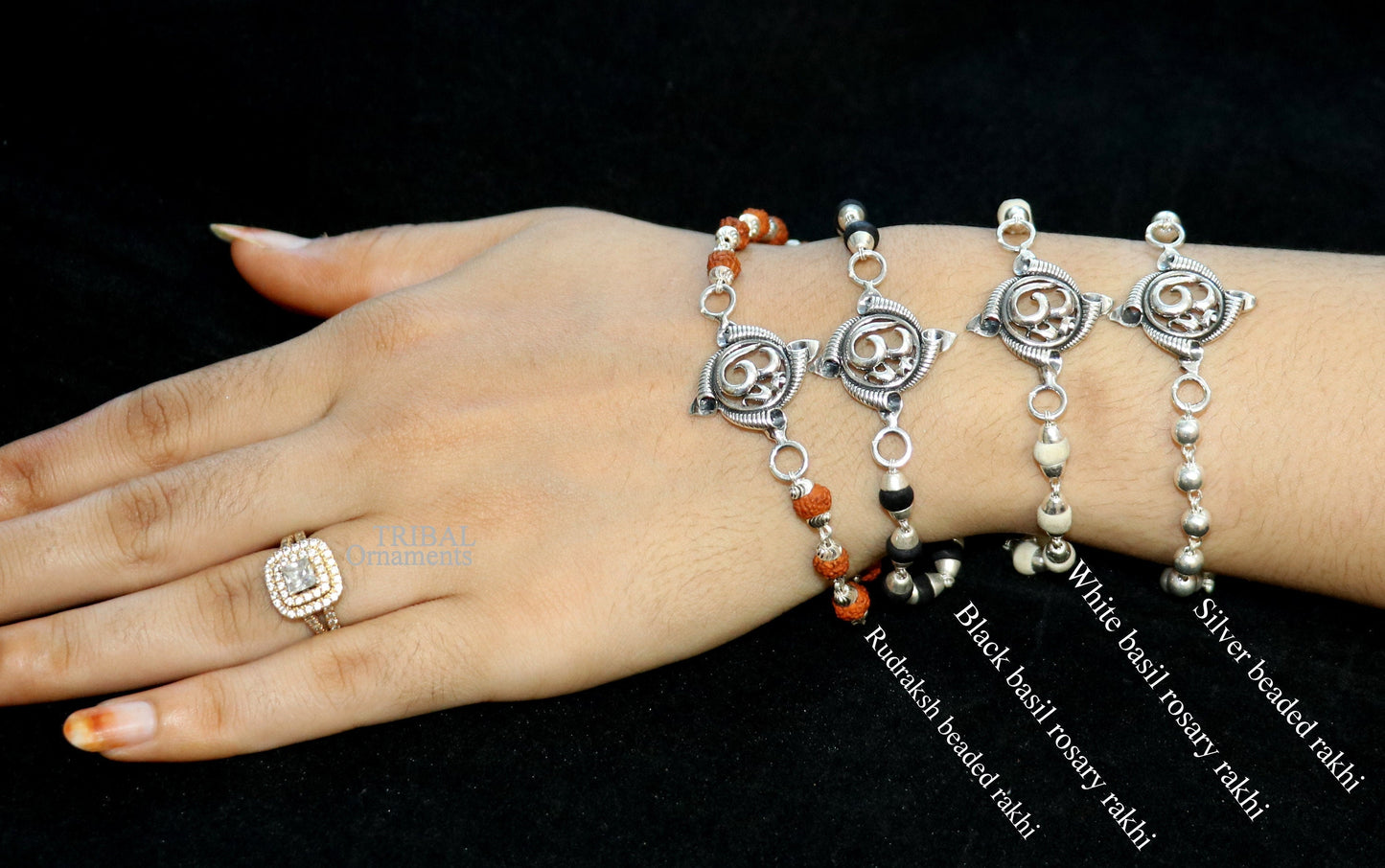 Divine Aum OM Rakhi 925 sterling silver handmade stylish gorgeous Rakhi bracelet, amazing Rudraksha, Tulsi beaded bracelet Rakhi rk186 - TRIBAL ORNAMENTS