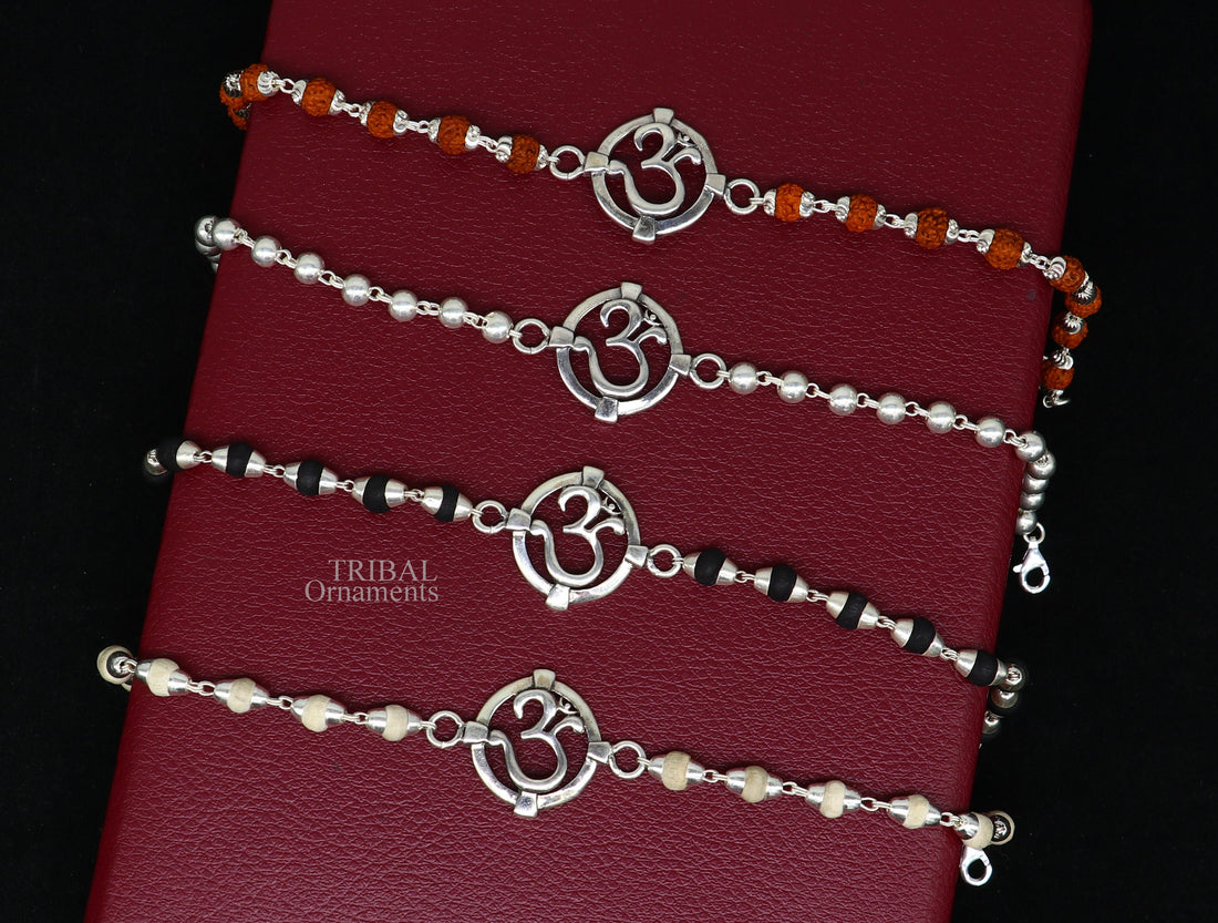 925 sterling silver handmade Mantra Aum OM design Rakhi bracelet amazing Rudraksha or Tulsi beaded bracelet, use as daily use jewelry rk187 - TRIBAL ORNAMENTS