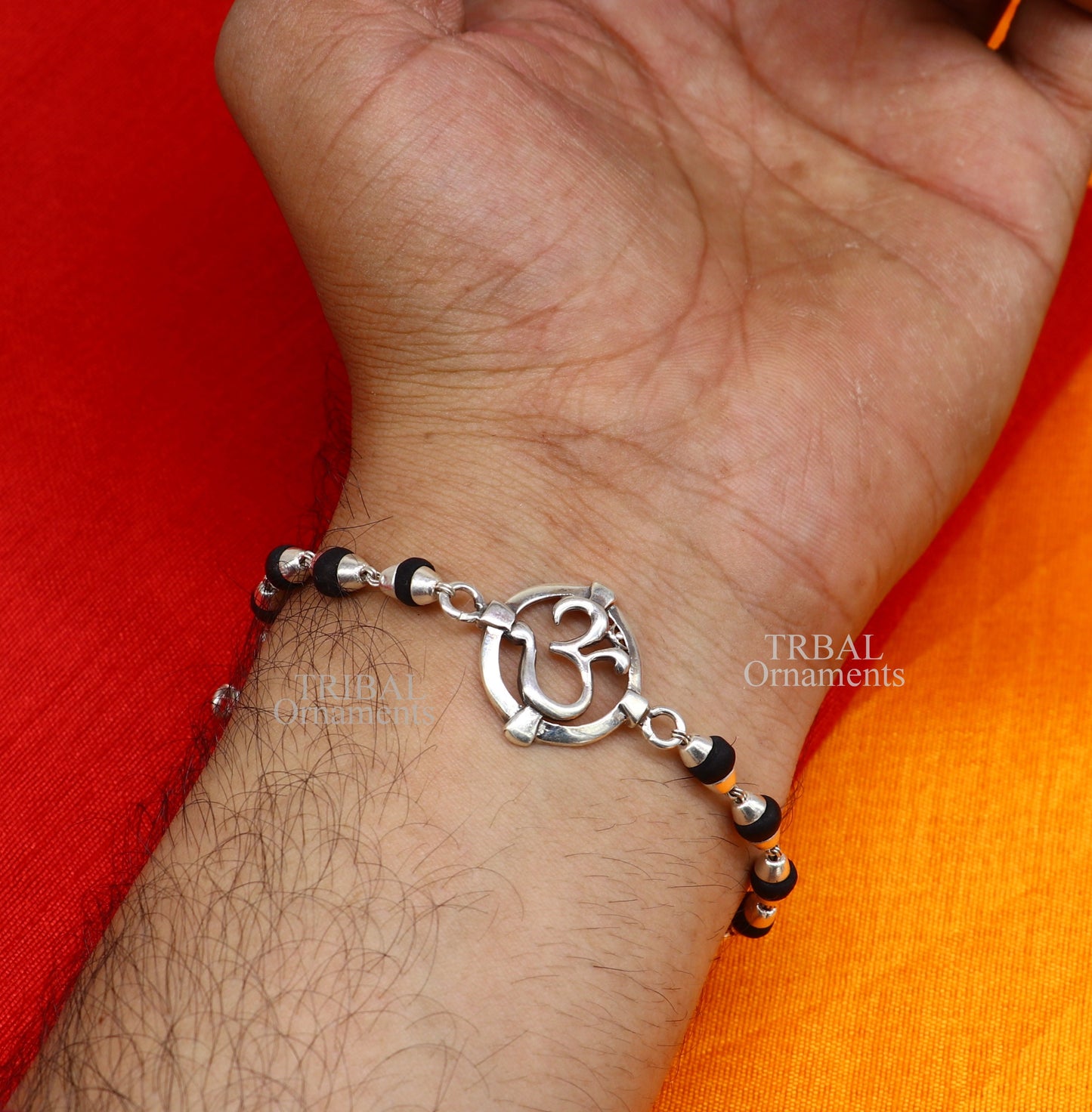 925 sterling silver handmade Mantra Aum OM design Rakhi bracelet amazing Rudraksha or Tulsi beaded bracelet, use as daily use jewelry rk187 - TRIBAL ORNAMENTS
