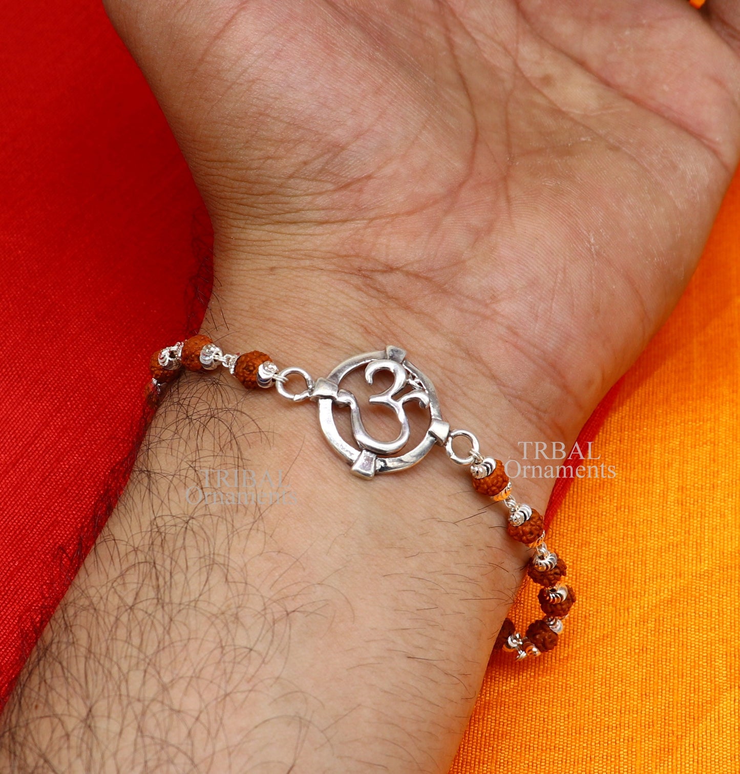 925 sterling silver handmade Mantra Aum OM design Rakhi bracelet amazing Rudraksha or Tulsi beaded bracelet, use as daily use jewelry rk187 - TRIBAL ORNAMENTS