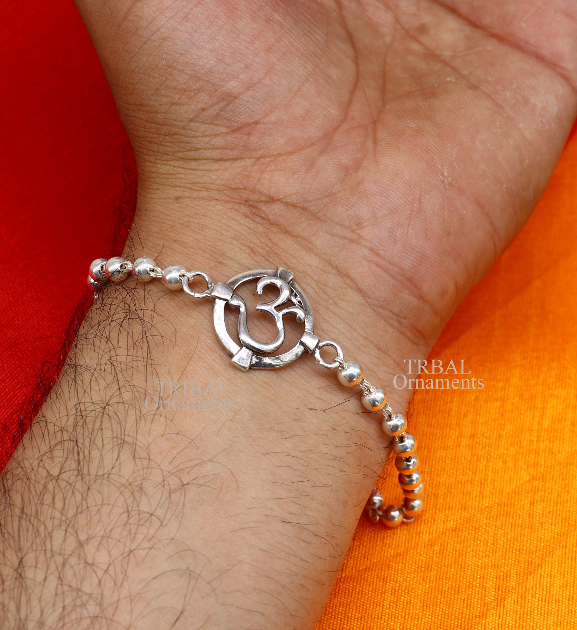 925 sterling silver handmade Mantra Aum OM design Rakhi bracelet amazing Rudraksha or Tulsi beaded bracelet, use as daily use jewelry rk187 - TRIBAL ORNAMENTS