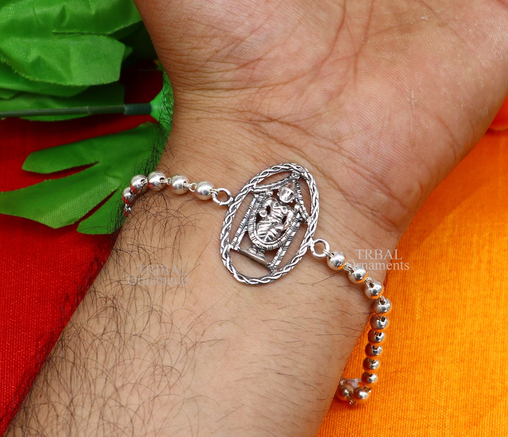 925 sterling silver handmade Lord Krishna on betel leaf Rakhi bracelet amazing Rudraksha or Tulsi beaded bracelet, daily use jewelry rk188 - TRIBAL ORNAMENTS