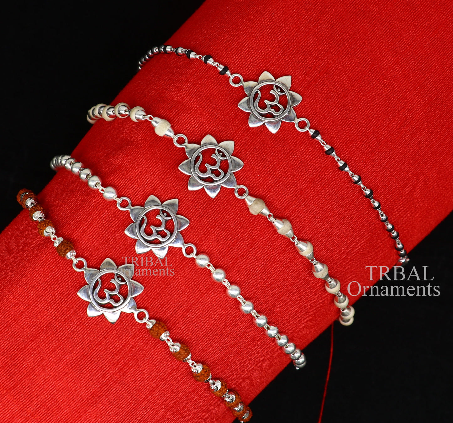925 sterling silver handmade flower Aum OM design Rakhi bracelet amazing Rudraksha or Tulsi beaded bracelet, use as daily use jewelry rk190 - TRIBAL ORNAMENTS