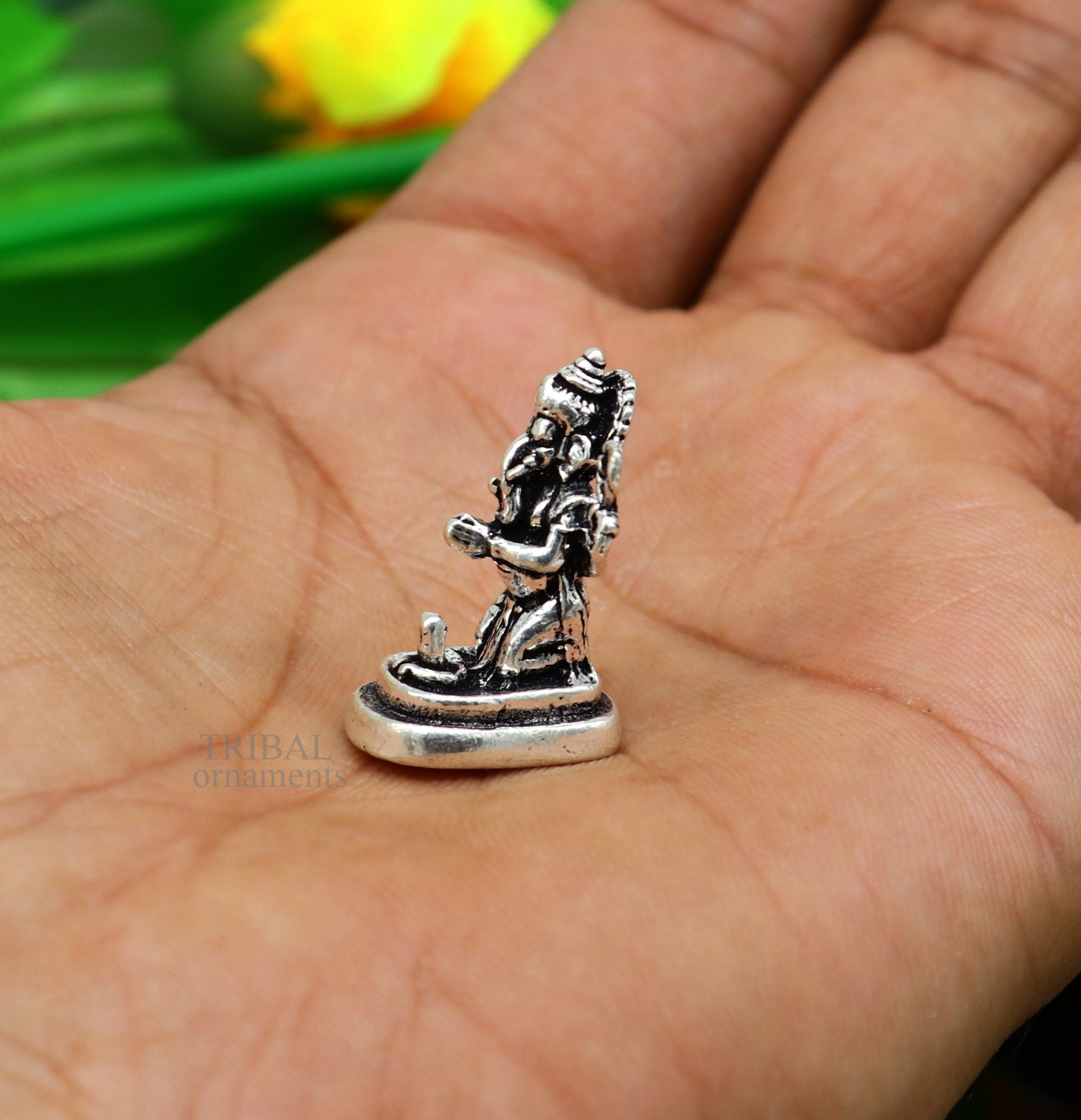 925 Sterling silver idol ganesha with lord shiva lingam, amazing divine small statue figurine silver gifting temple article art522 - TRIBAL ORNAMENTS