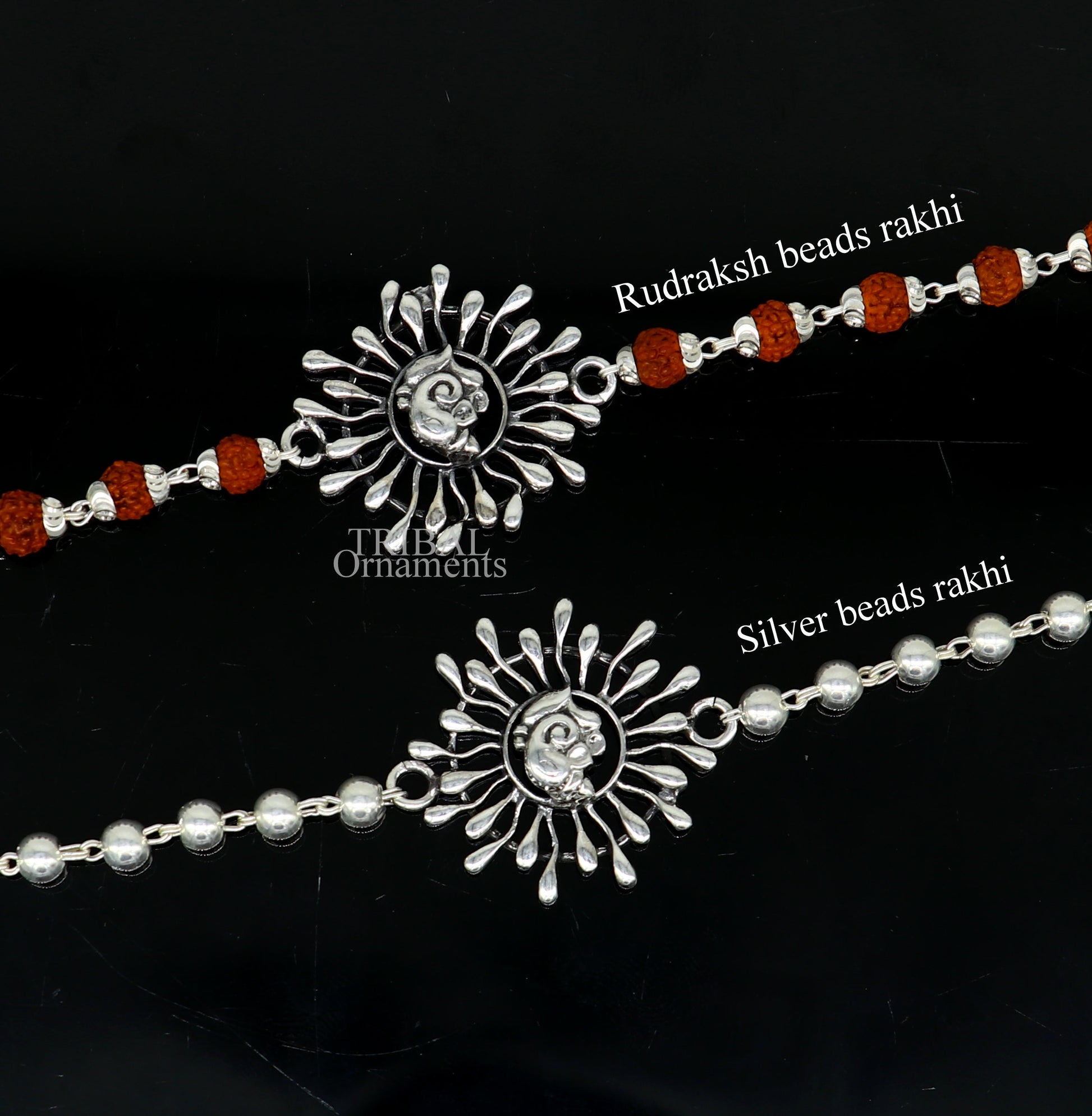 Silver Ganesha Rakhi 925 Sterling silver Rakhi bracelet with rudrakh beads best gift for your brother's for special gifting rk196 - TRIBAL ORNAMENTS