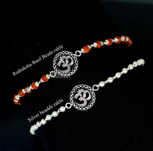 Divine Aum or OM rakhi 925 Sterling silver Rakhi bracelet Rrudrakha and silver beads best gift for your brother's for special gifting rk201 - TRIBAL ORNAMENTS