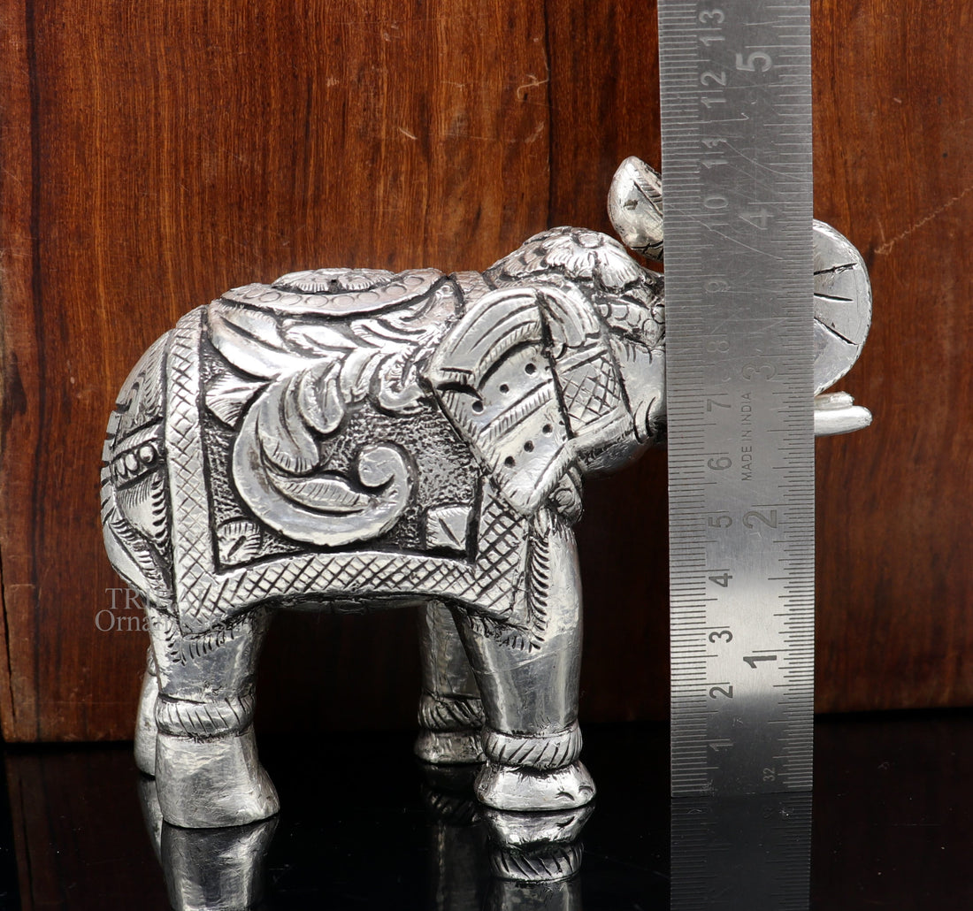 4" 999 fine silver Nakshi work design wooden base upper trunk Elephant statue, puja article figurine, home wealth and prosperity art530 - TRIBAL ORNAMENTS