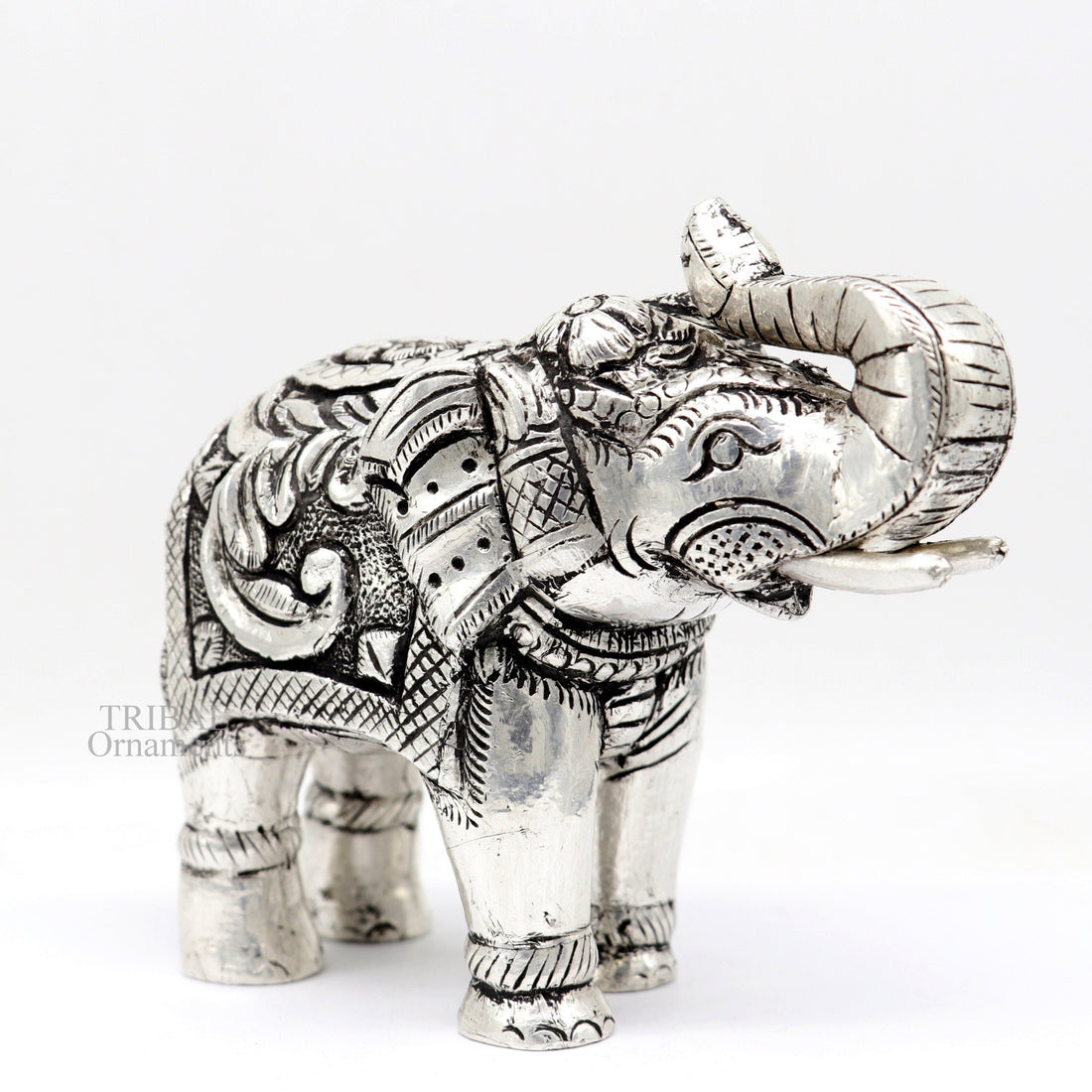 4" 999 fine silver Nakshi work design wooden base upper trunk Elephant statue, puja article figurine, home wealth and prosperity art530 - TRIBAL ORNAMENTS