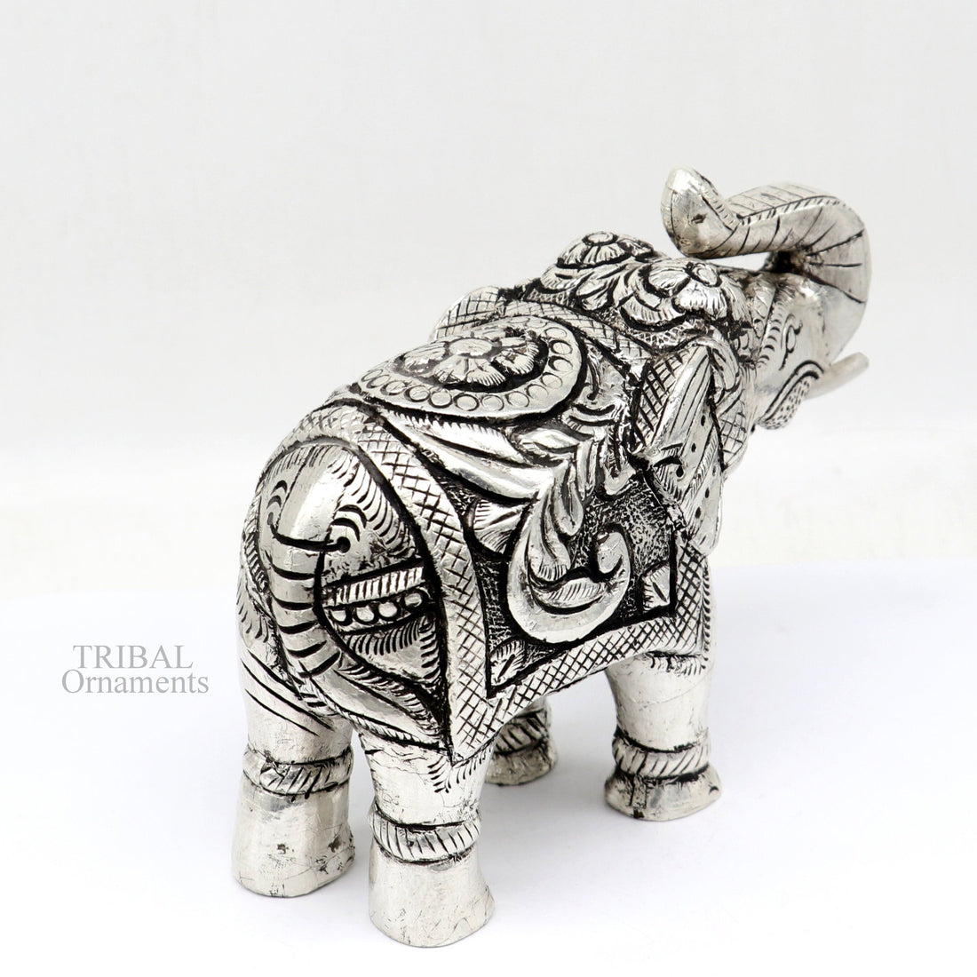 4" 999 fine silver Nakshi work design wooden base upper trunk Elephant statue, puja article figurine, home wealth and prosperity art530 - TRIBAL ORNAMENTS