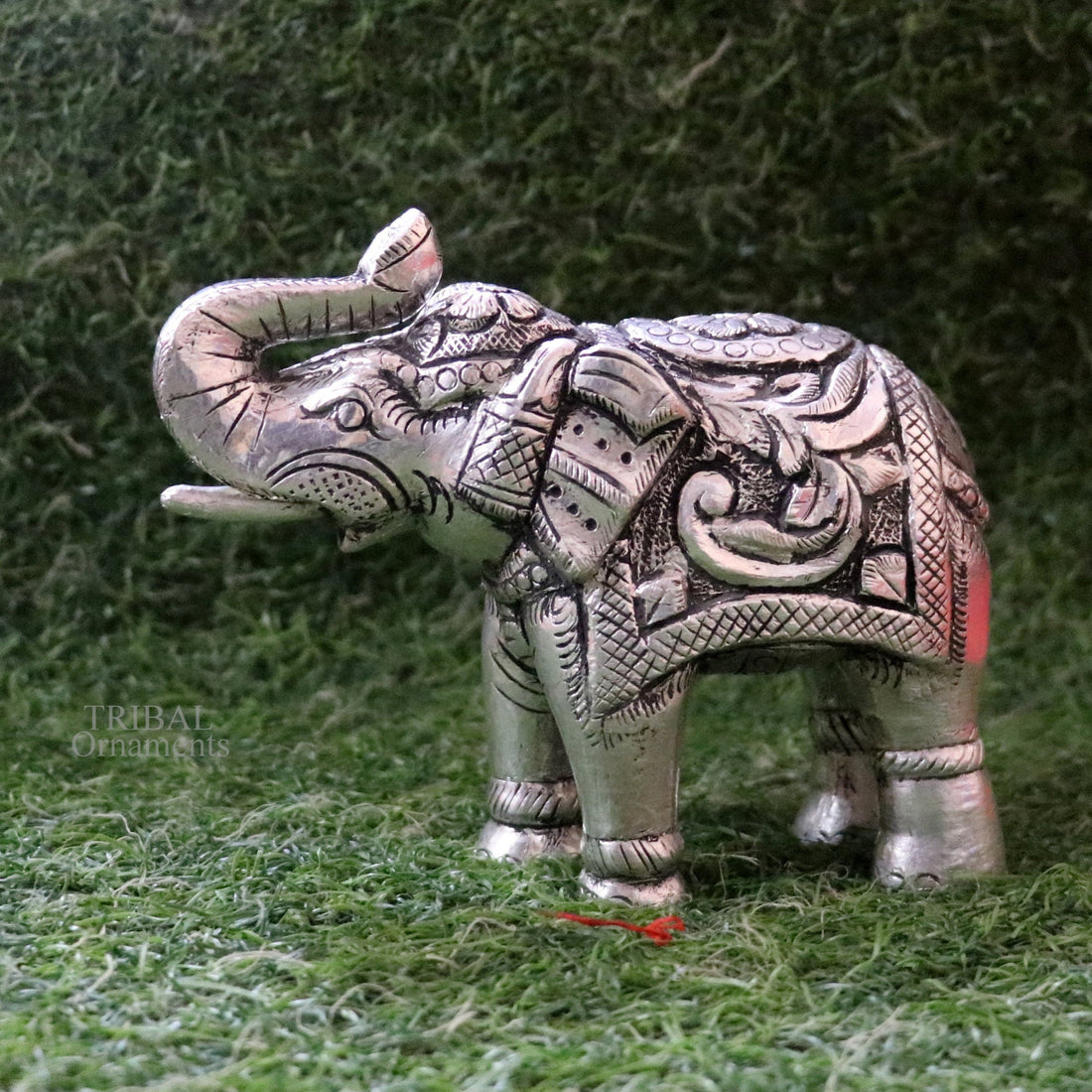 4" 999 fine silver Nakshi work design wooden base upper trunk Elephant statue, puja article figurine, home wealth and prosperity art530 - TRIBAL ORNAMENTS