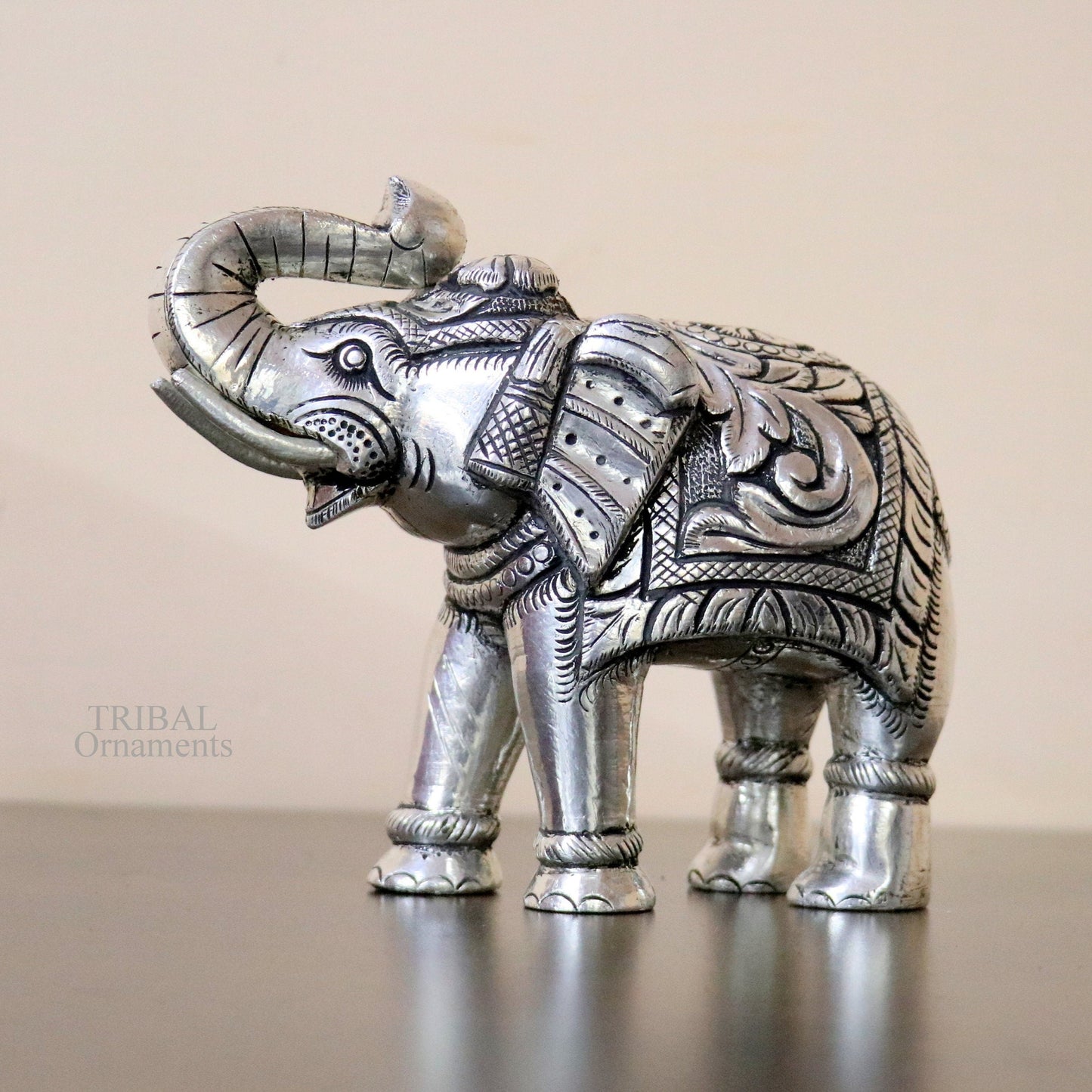 5" 999 fine silver Nakshi work design wooden base upper trunk Elephant statue, puja article figurine, home wealth and prosperity art531 - TRIBAL ORNAMENTS