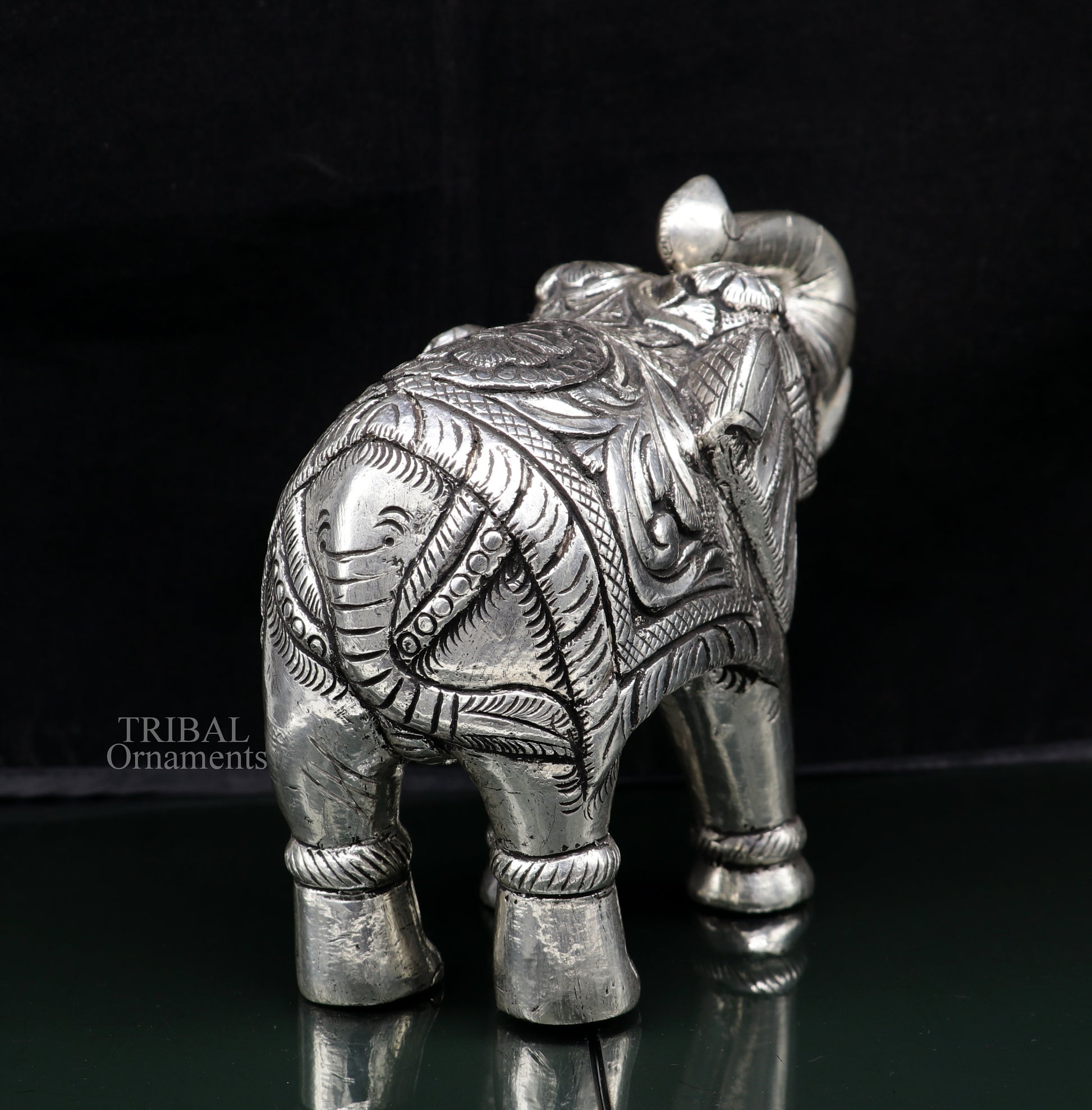 5" 999 fine silver Nakshi work design wooden base upper trunk Elephant statue, puja article figurine, home wealth and prosperity art531 - TRIBAL ORNAMENTS