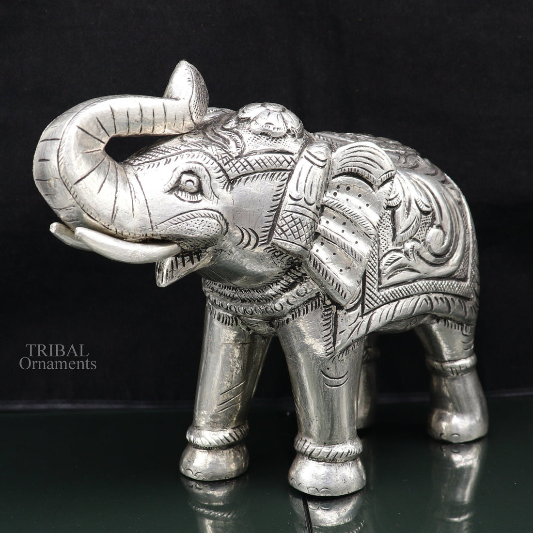 6" 999 fine silver handcrafted Nakshi design wooden base upper trunk Elephant statue puja article figurine for wealth & prosperity art532 - TRIBAL ORNAMENTS