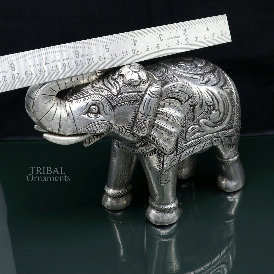 6" 999 fine silver handcrafted Nakshi design wooden base upper trunk Elephant statue puja article figurine for wealth & prosperity art532 - TRIBAL ORNAMENTS