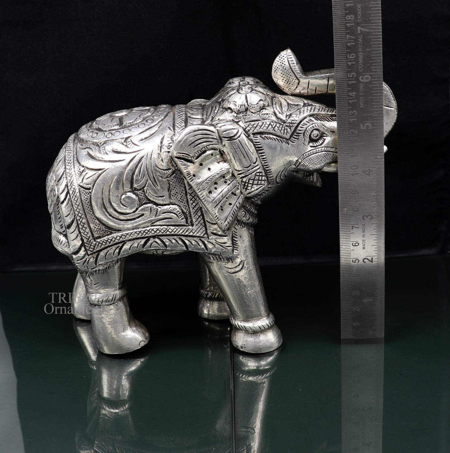 6" 999 fine silver handcrafted Nakshi design wooden base upper trunk Elephant statue puja article figurine for wealth & prosperity art532 - TRIBAL ORNAMENTS