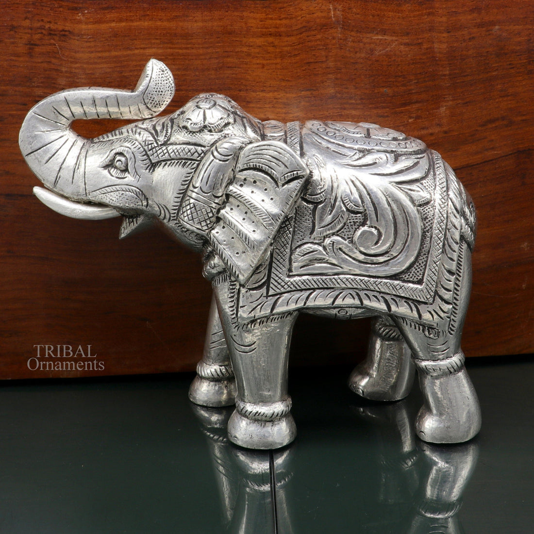 6" 999 fine silver handcrafted Nakshi design wooden base upper trunk Elephant statue puja article figurine for wealth & prosperity art532 - TRIBAL ORNAMENTS