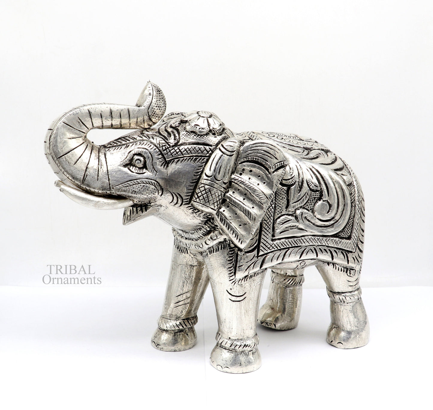 6" 999 fine silver handcrafted Nakshi design wooden base upper trunk Elephant statue puja article figurine for wealth & prosperity art532 - TRIBAL ORNAMENTS