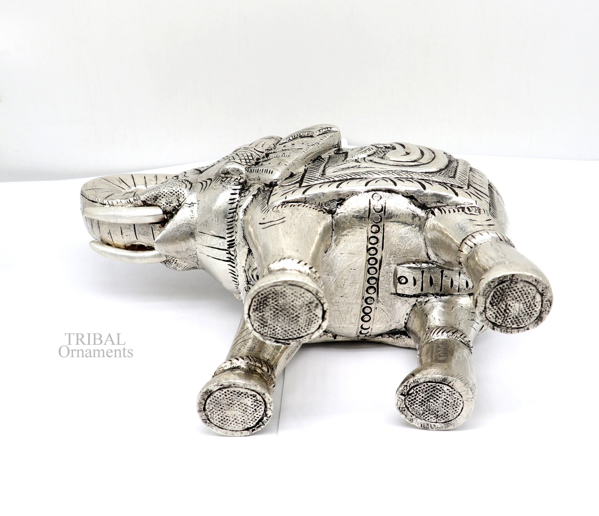 6" 999 fine silver handcrafted Nakshi design wooden base upper trunk Elephant statue puja article figurine for wealth & prosperity art532 - TRIBAL ORNAMENTS