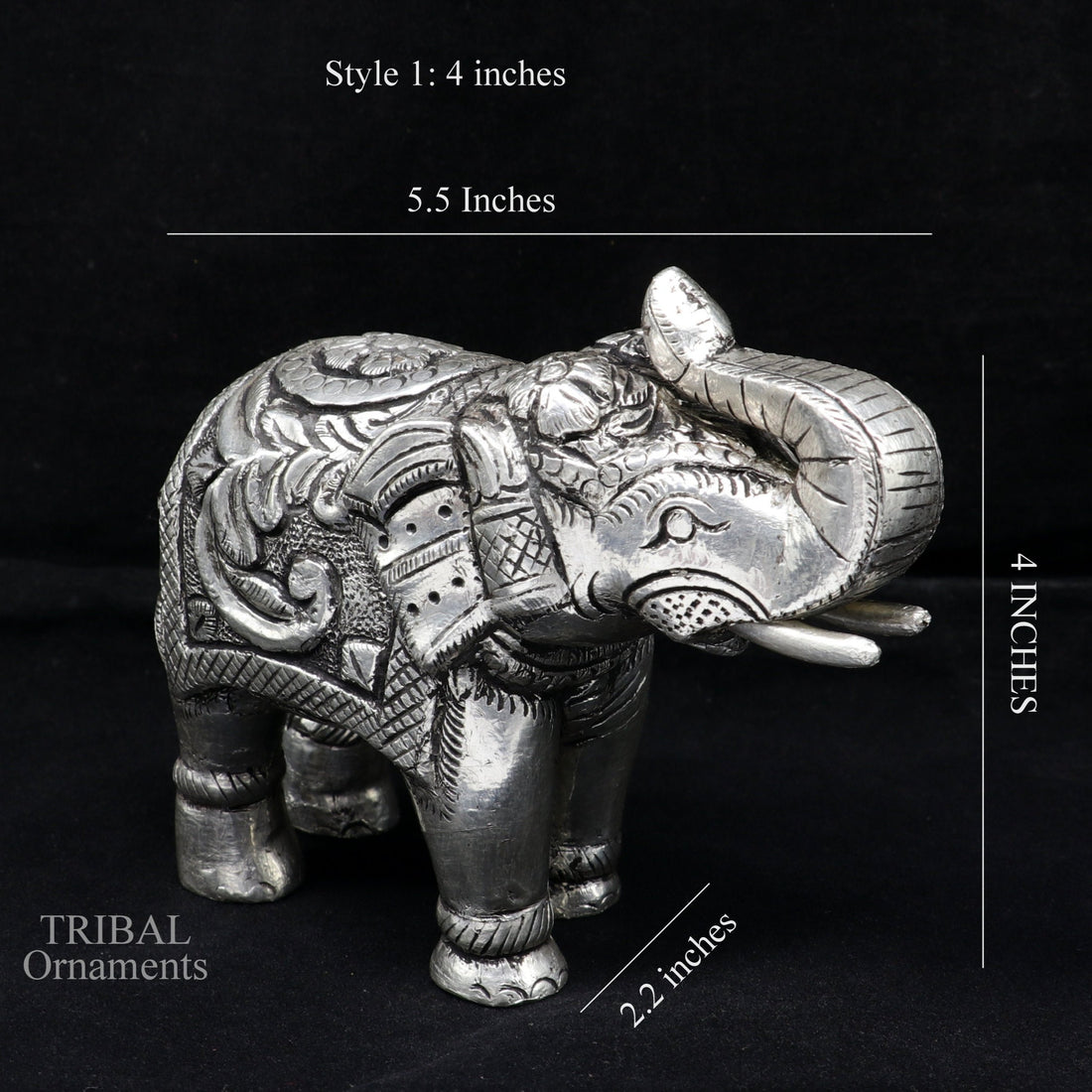 999 fine silver handcrafted Nakshi design wooden base upper trunk Elephant statue puja article figurine for wealth & prosperity art533 - TRIBAL ORNAMENTS