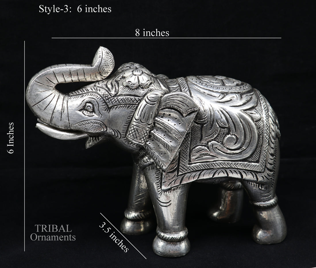 999 fine silver handcrafted Nakshi design wooden base upper trunk Elephant statue puja article figurine for wealth & prosperity art533 - TRIBAL ORNAMENTS