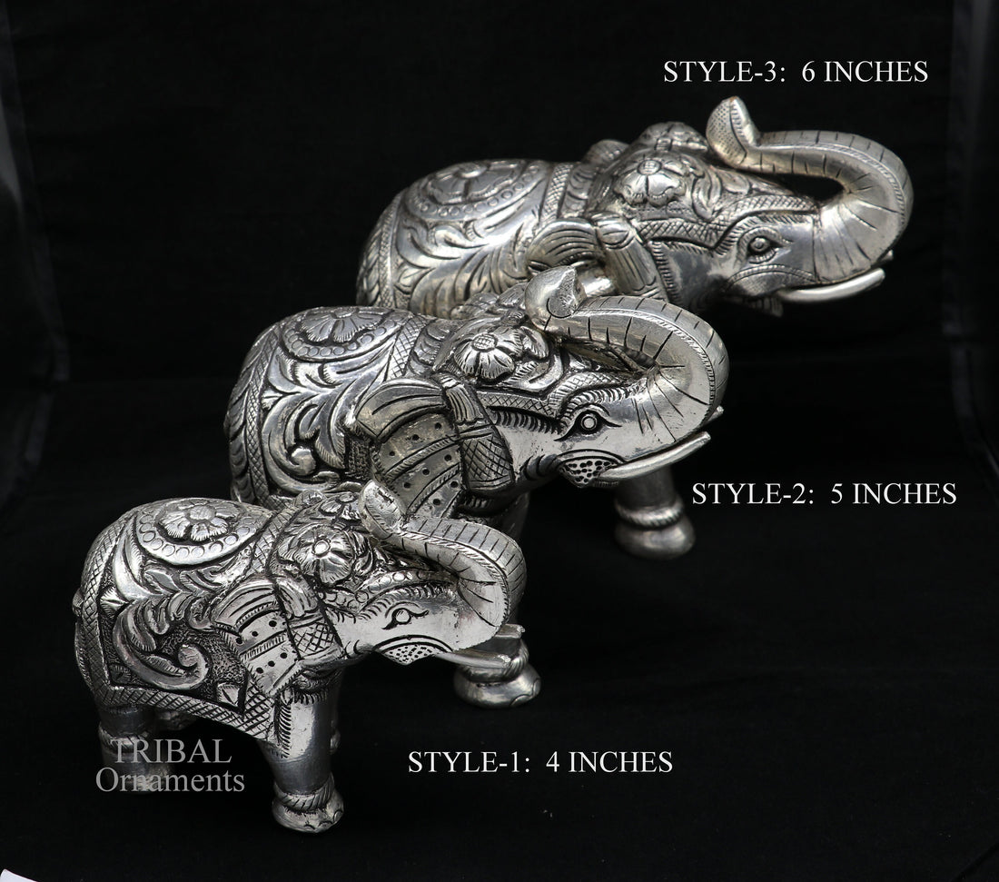 999 fine silver handcrafted Nakshi design wooden base upper trunk Elephant statue puja article figurine for wealth & prosperity art533 - TRIBAL ORNAMENTS