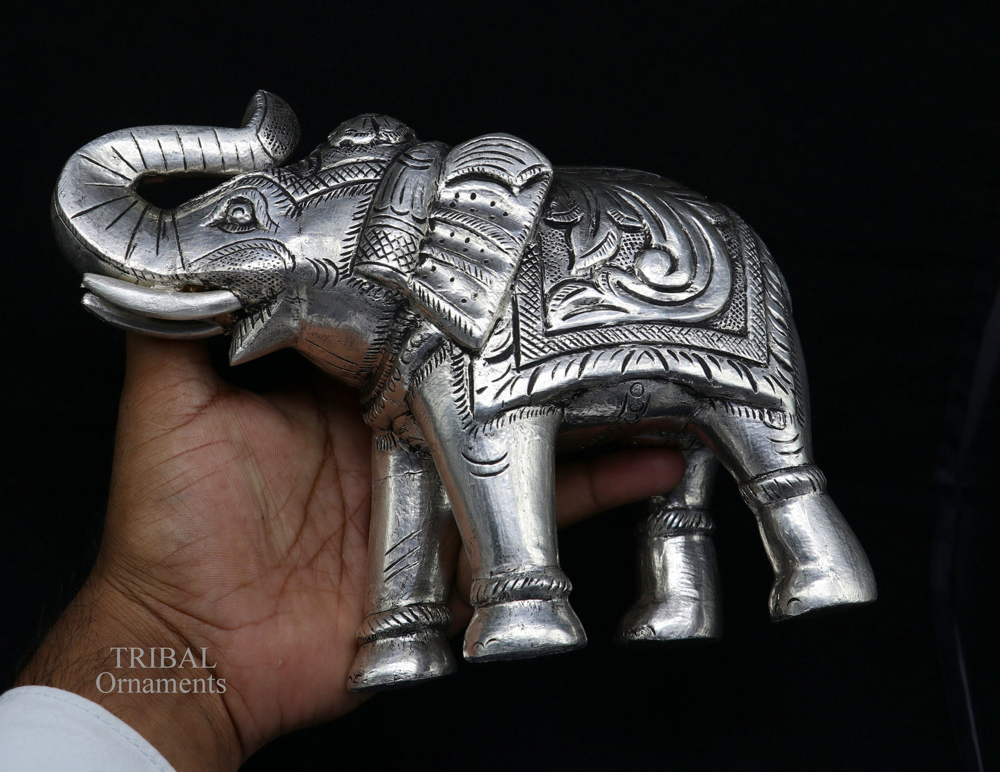 999 fine silver handcrafted Nakshi design wooden base upper trunk Elephant statue puja article figurine for wealth & prosperity art533 - TRIBAL ORNAMENTS