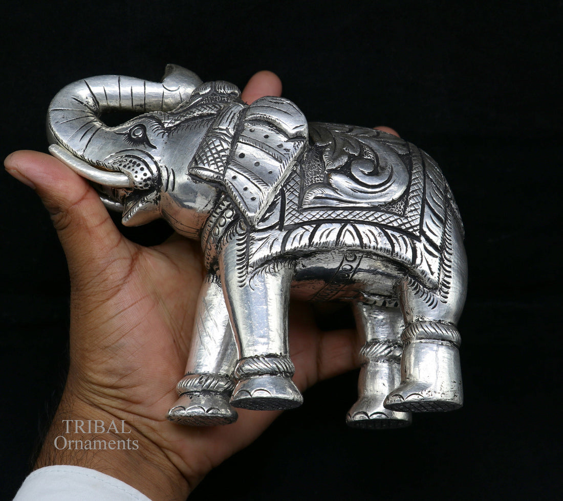 999 fine silver handcrafted Nakshi design wooden base upper trunk Elephant statue puja article figurine for wealth & prosperity art533 - TRIBAL ORNAMENTS