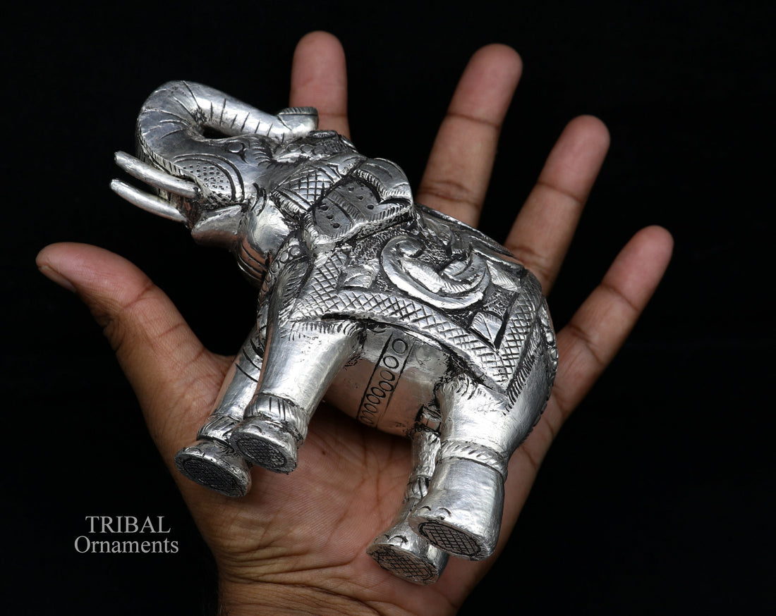 999 fine silver handcrafted Nakshi design wooden base upper trunk Elephant statue puja article figurine for wealth & prosperity art533 - TRIBAL ORNAMENTS