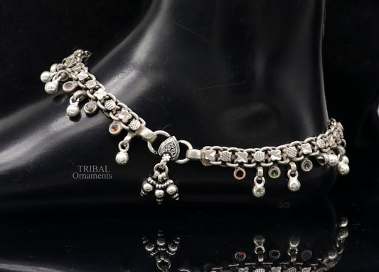 Indian traditional vintage antique sterling silver flexible ankle jewelry, ethnic tribal anklet single piece belly dance jewelry anko60 - TRIBAL ORNAMENTS