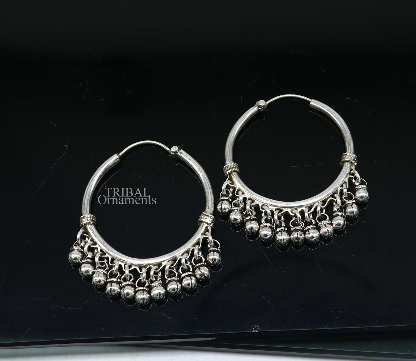925 sterling silver handmade hoop earring,fabulous bali,hanging bells, dangling bells, hoop gifting gorgeous tribal jewelry s374 - TRIBAL ORNAMENTS
