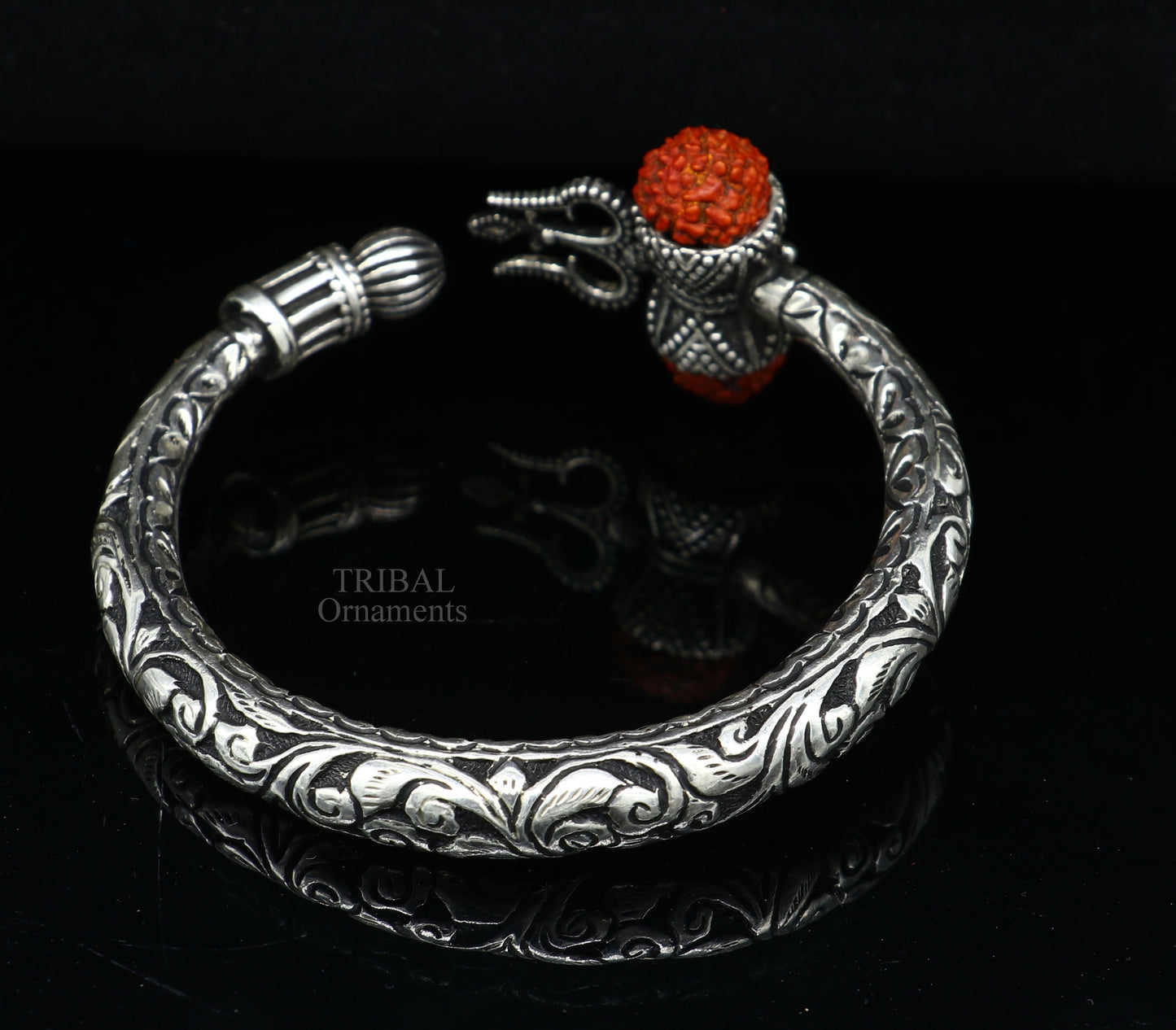 925 Sterling silver handmade chitai work Lord Shiva trident trishul kada bangle bracelet natural Rudraksha customized Bahubali kada nssk755 - TRIBAL ORNAMENTS