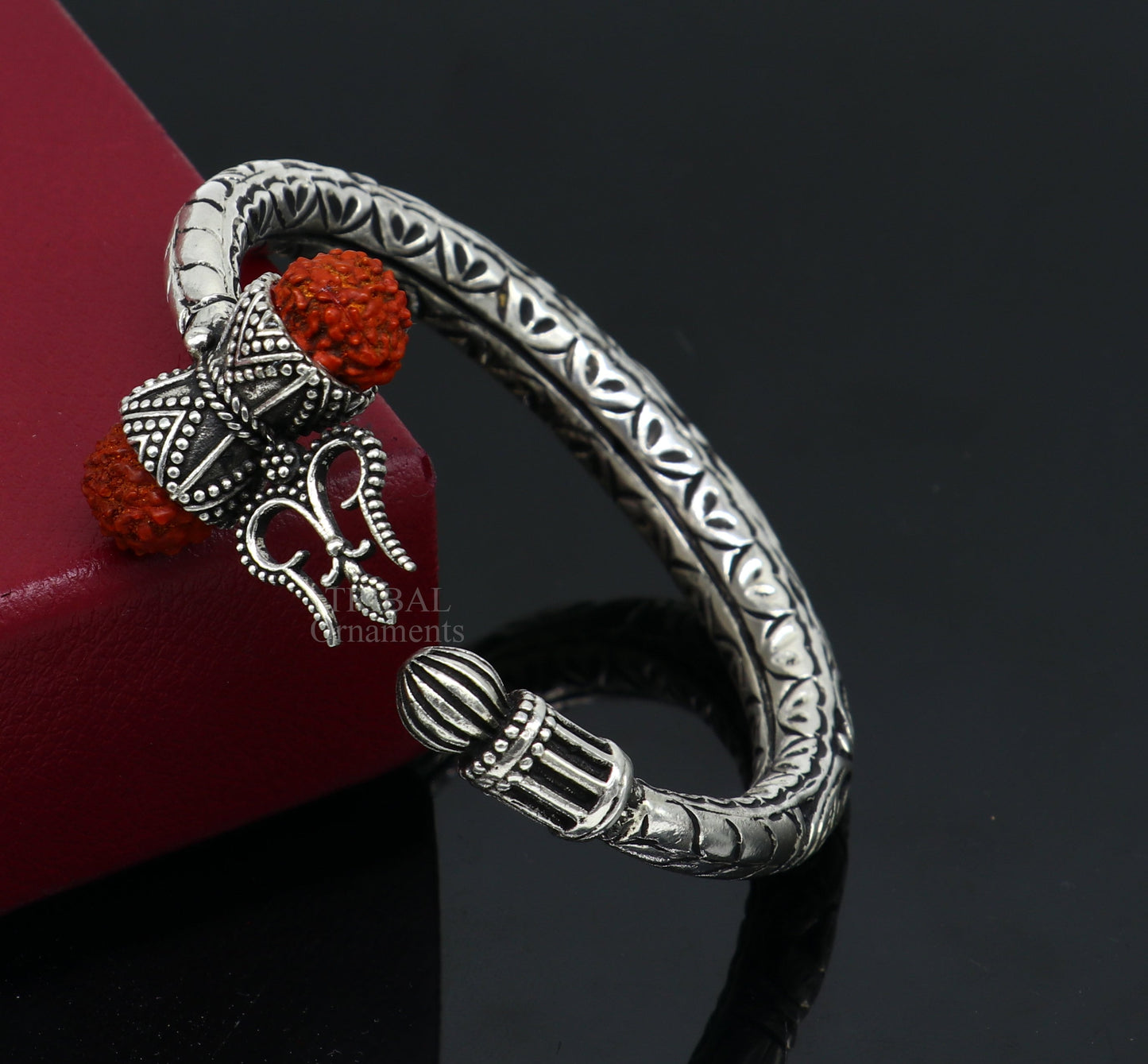 925 Sterling silver handmade chitai work Lord Shiva trident trishul kada bangle bracelet natural Rudraksha customized Bahubali kada nssk755 - TRIBAL ORNAMENTS