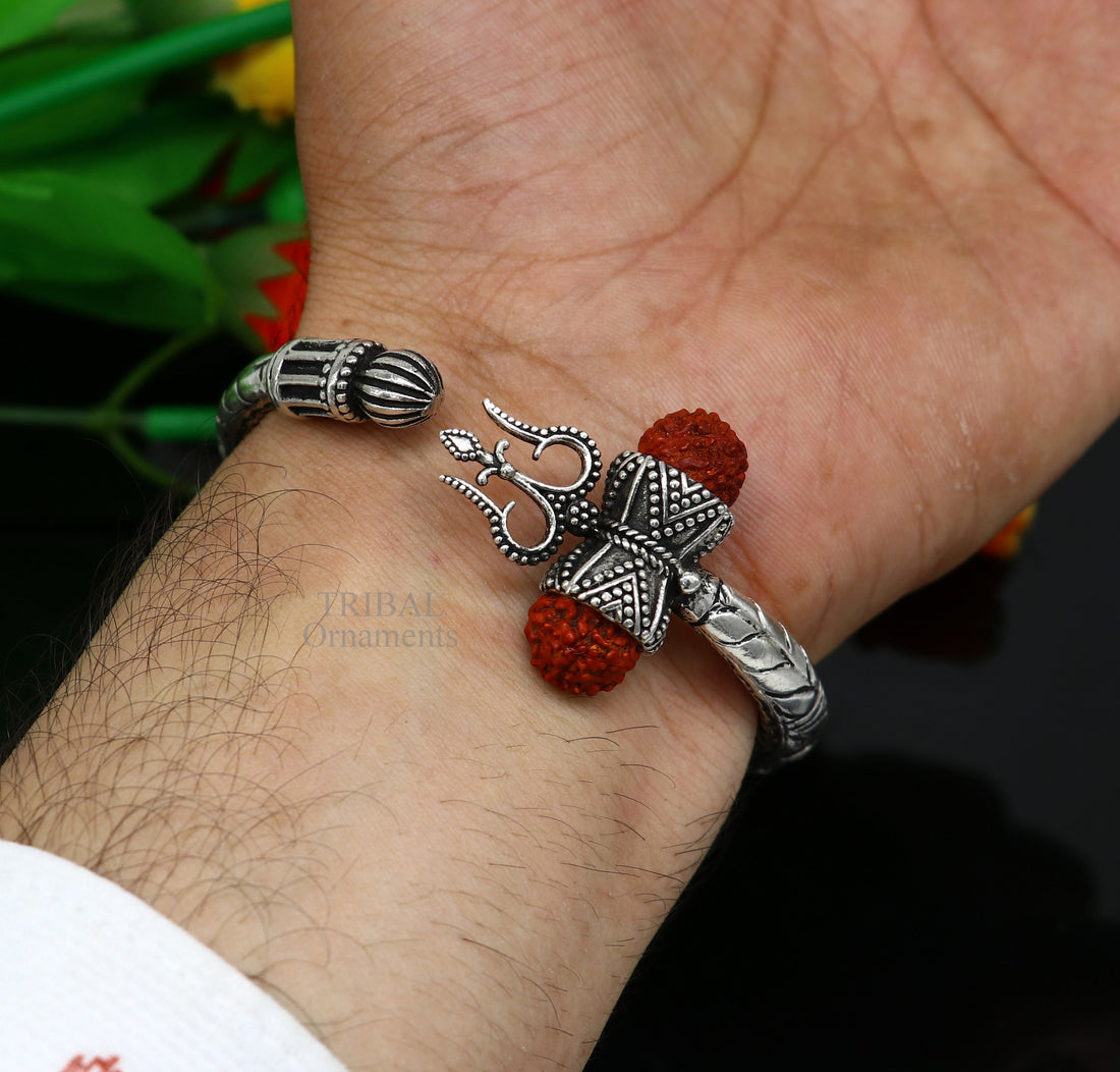 925 Sterling silver handmade chitai work Lord Shiva trident trishul kada bangle bracelet natural Rudraksha customized Bahubali kada nssk755 - TRIBAL ORNAMENTS