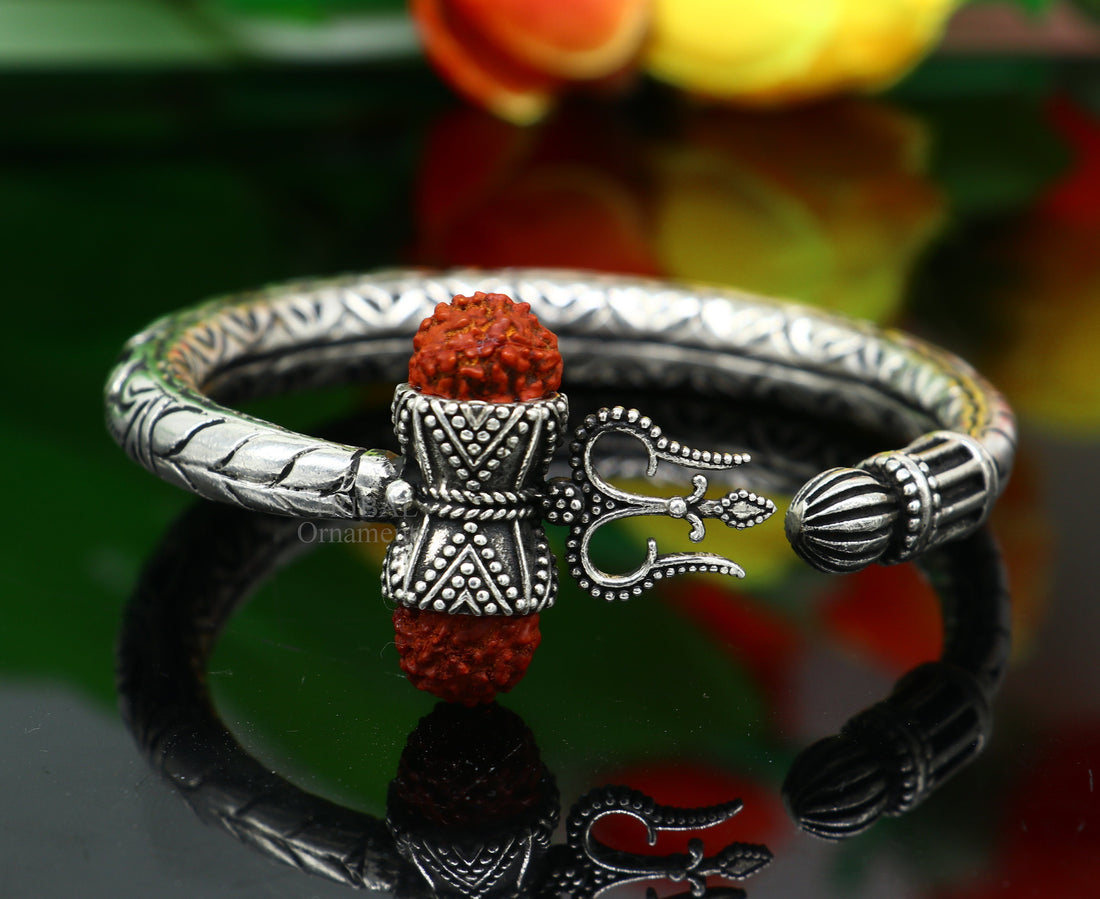 925 Sterling silver handmade chitai work Lord Shiva trident trishul kada bangle bracelet natural Rudraksha customized Bahubali kada nssk755 - TRIBAL ORNAMENTS